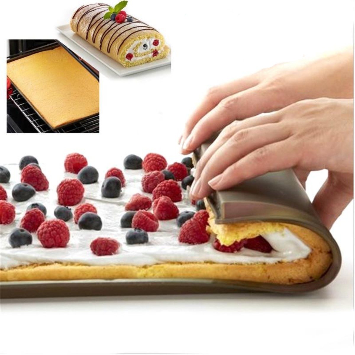 A collage showing the steps to make a fruit roll cake, including baking a flat cake on a Non-stick Silicone Oven Cake Roll Mat, spreading cream, and rolling it topped with berries.