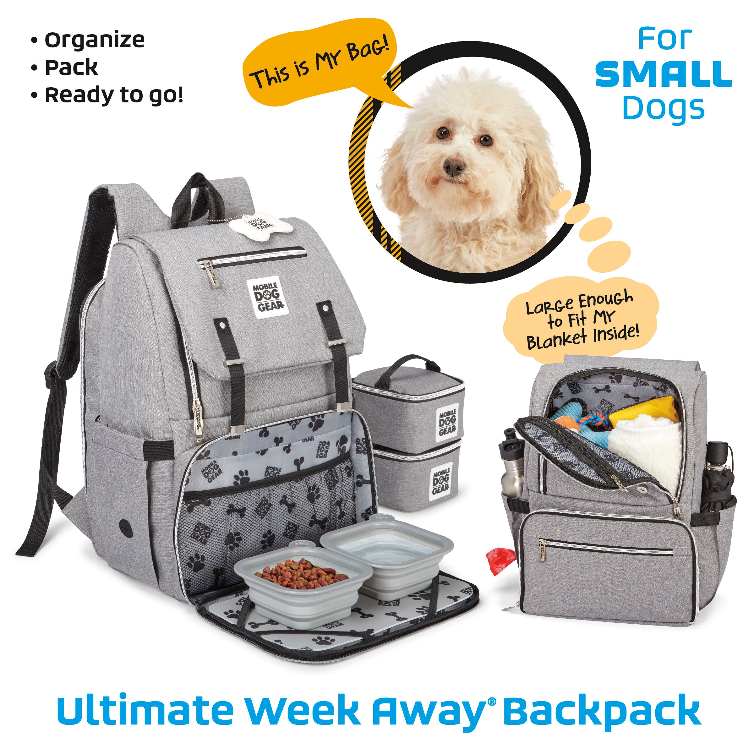 Introducing the Mobile Dog Gear Ultimate Week Away Backpack for small dogs, equipped with compartments, collapsible bowls, and additional storage. This versatile travel bag adheres to airline carry-on standards, ensuring a seamless travel experience for you and your pet.