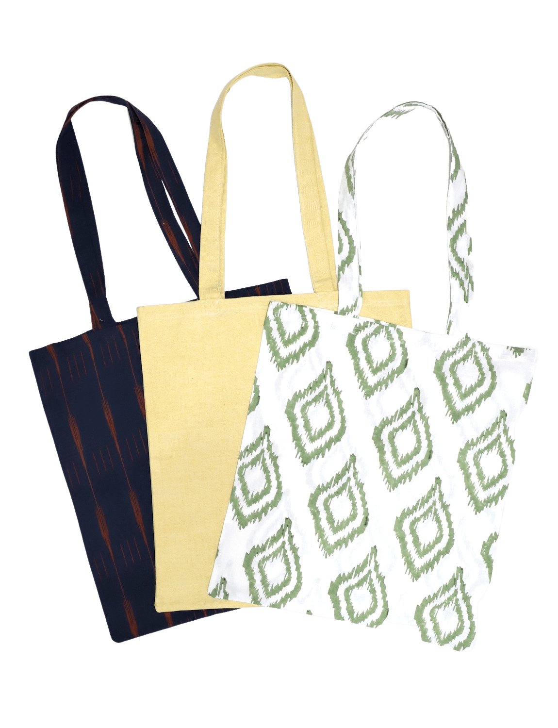 A trio of "Reusable Tote Bag: Multiple Prints Available" in ikat patterns featuring navy, red, and white are artfully displayed in a fan shape, embodying a dedication to zero waste living.