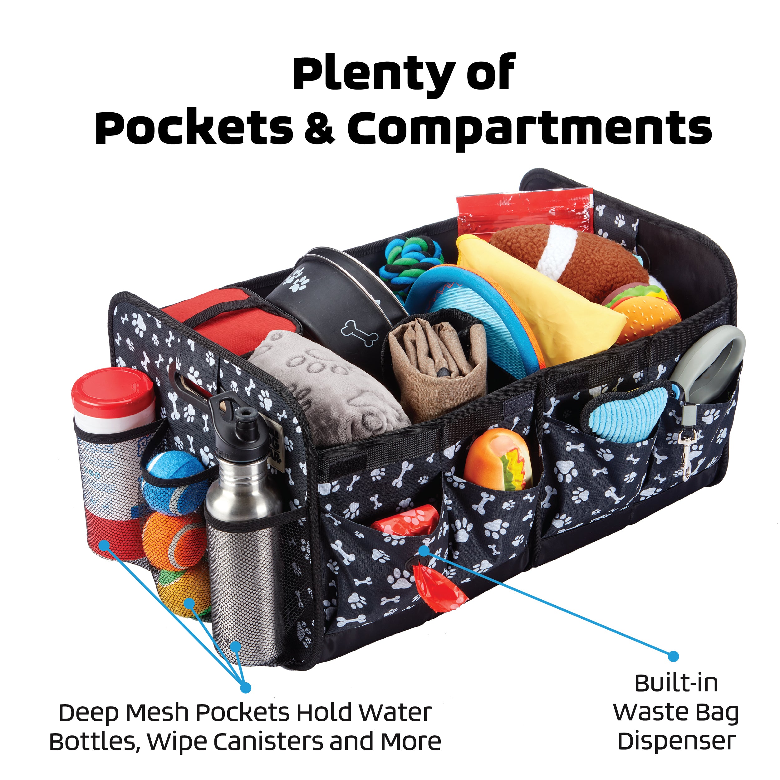 A collapsible multipurpose organizer filled with various items like bottles and bags. Text on the image reads "Great for Travel!" Perfect for dog travel essentials.