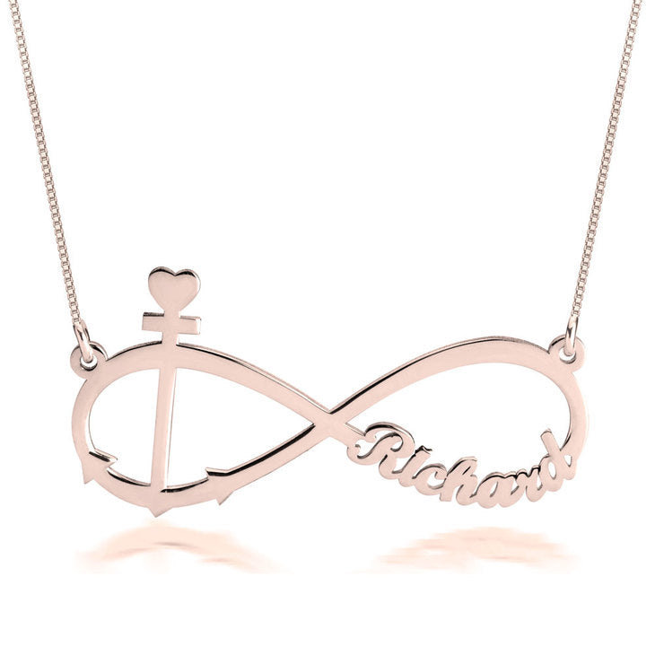 Anchor and Infinity Necklace with a heart, personalized with the name "Richard" on a chain.