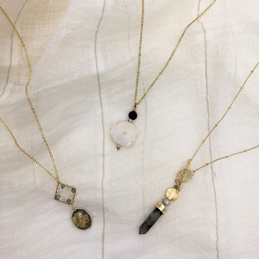 The Labradorite Lariat Necklace is a stunning gold necklace featuring a toggle clasp, a vertical rectangular labradorite stone pendant, and a round bead above it.