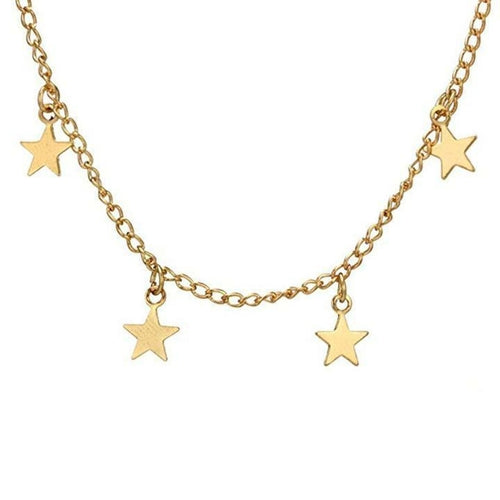 The Dangling Star Necklace is an elegant zinc alloy piece featuring five evenly spaced star-shaped pendants on a silver chain, complete with an extender for adjustable comfort.