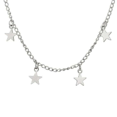 The Dangling Star Necklace is an elegant zinc alloy piece featuring five evenly spaced star-shaped pendants on a silver chain, complete with an extender for adjustable comfort.