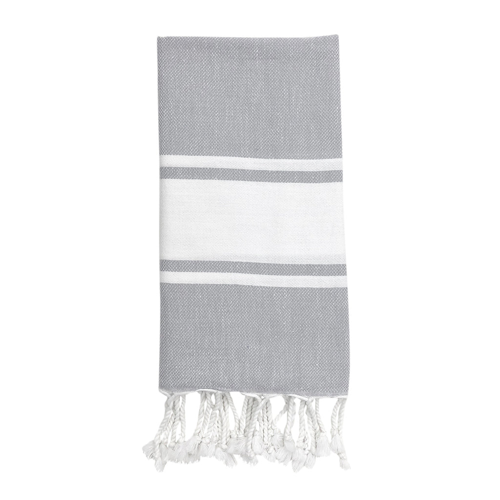 Introducing the Essential Stripe Turkish Hand Towel: crafted from 100% Turkish cotton, this towel combines gray and white stripes with fringed edges and exceptional absorbency.