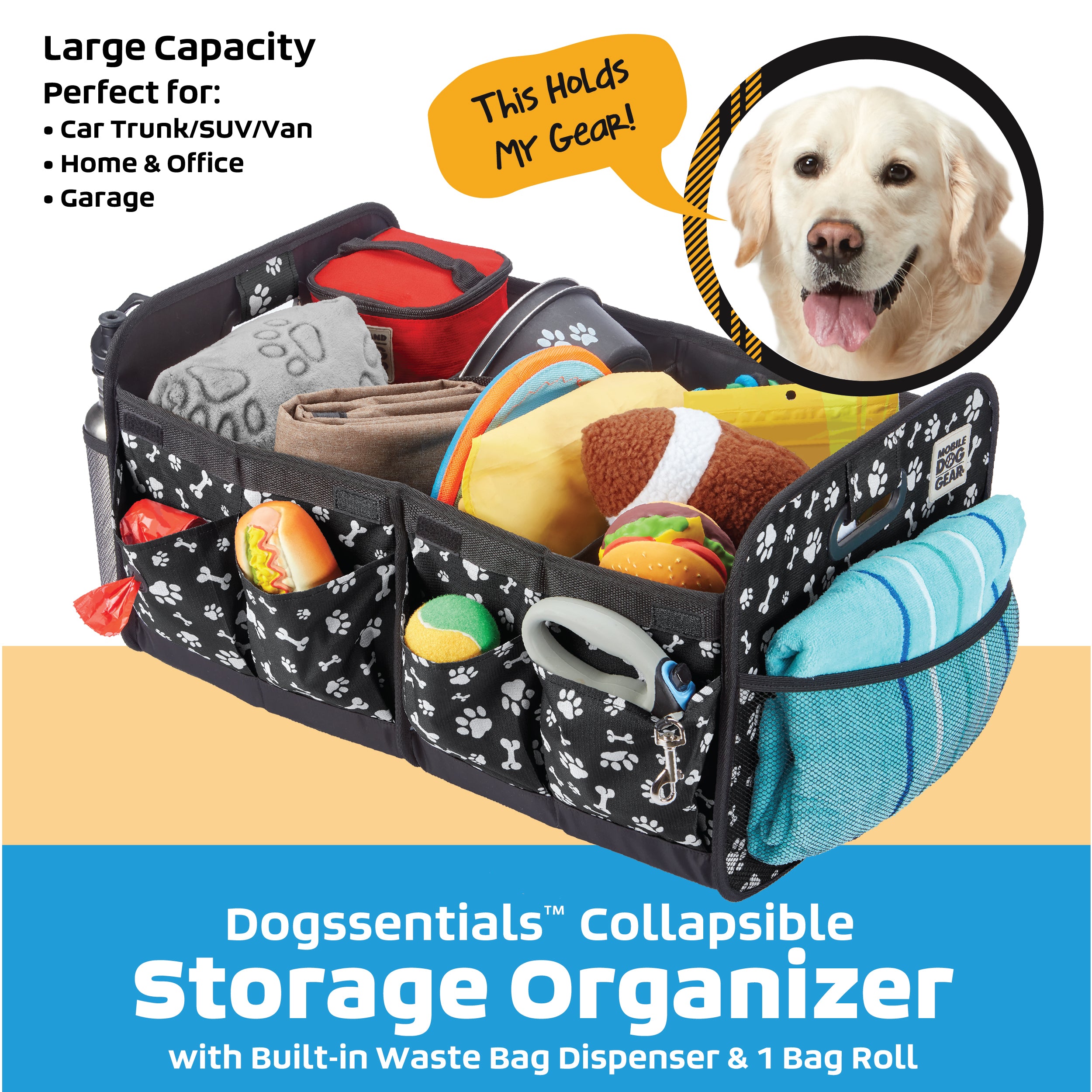 A collapsible multipurpose organizer filled with various items like bottles and bags. Text on the image reads "Great for Travel!" Perfect for dog travel essentials.