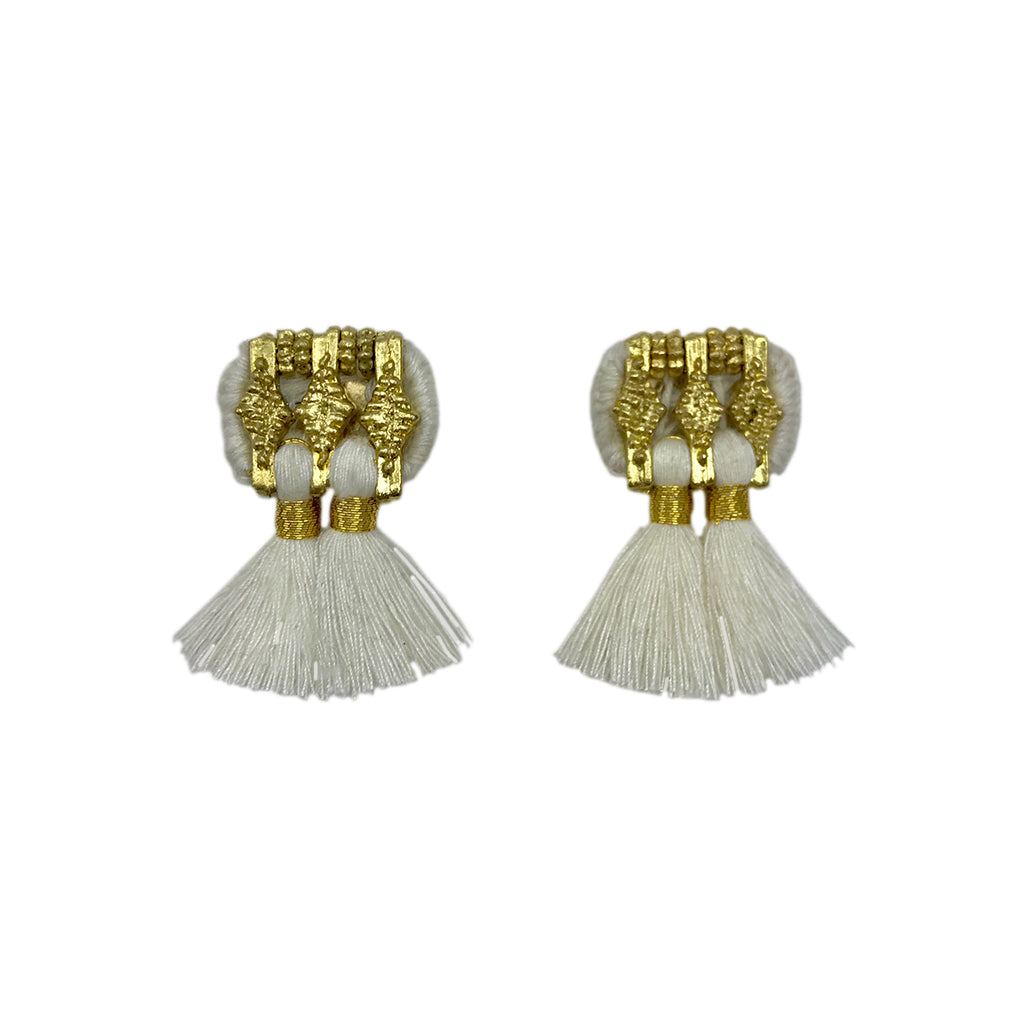 A pair of Jhumka Earrings in gold and black, showcasing detailed geometric designs with fringed ends.