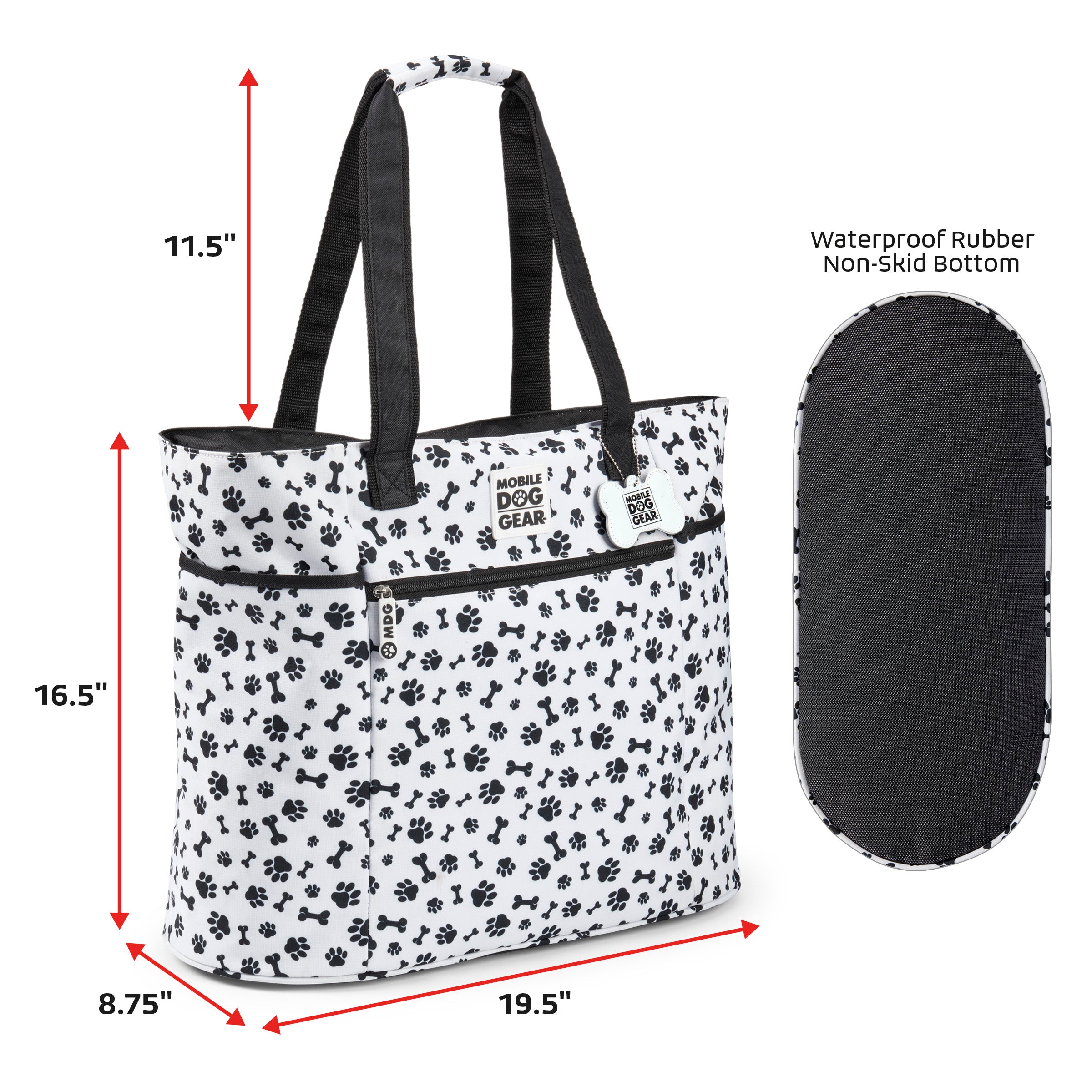 The Mobile Dog Gear Dogssentials Tote Bag features a paw print design, clear pouch, and small accessory bag. Speech bubbles display a dog declaring, "This is MY Bag!" alongside a person exclaiming, "And Mine!" Ideal for stylishly transporting all your dog's essentials.