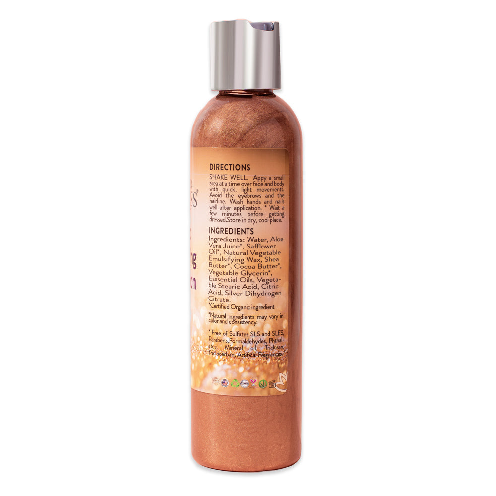 Bottle of Organic Bronze Shimmer Body Lotion on a white background.