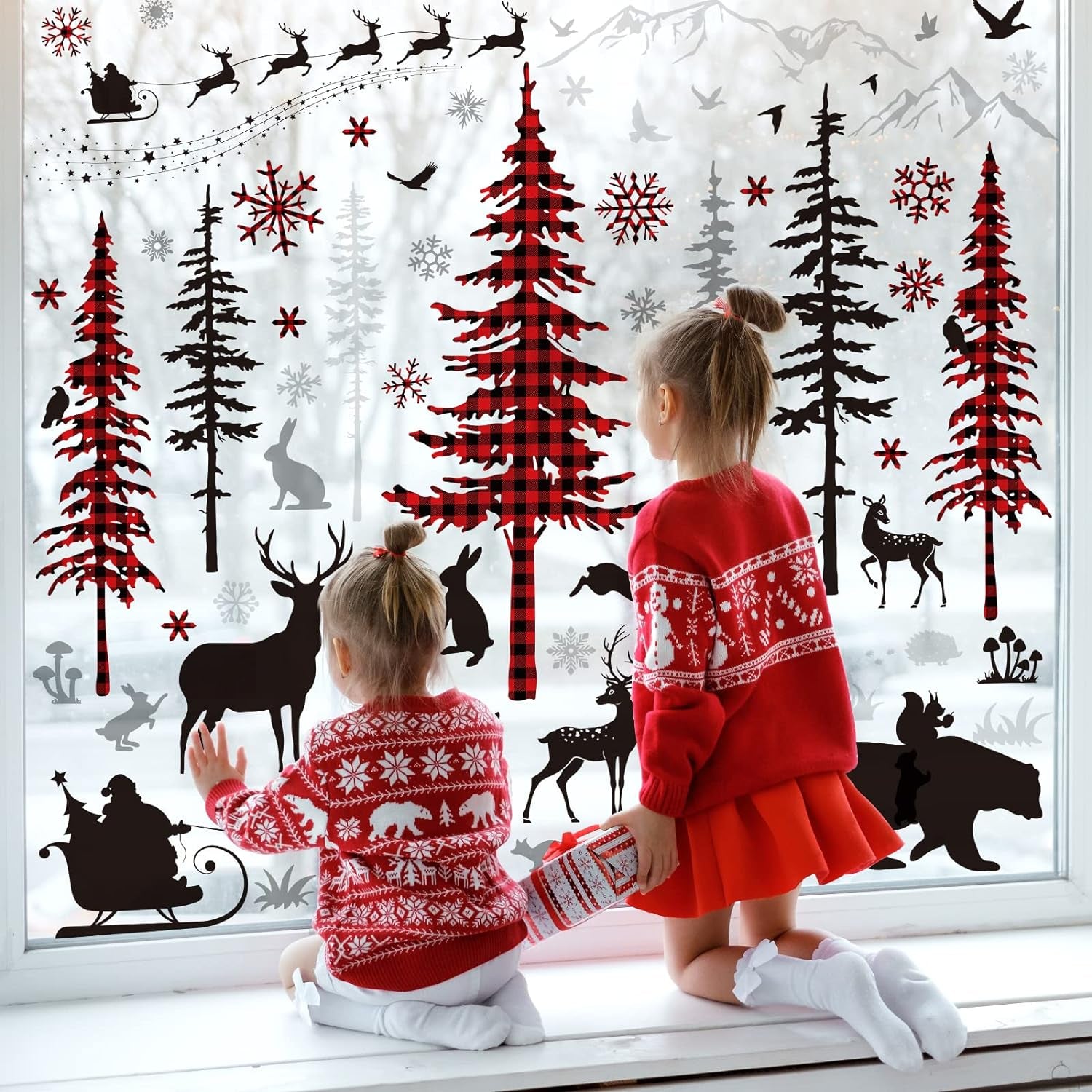Christmas Wall Stickers Roll Red Black Plaid Xmas Tree Wall Floor Decor Forests Animals Prints Waterproof Art Wallpaper Winter Scenes Double Side Window Decals for Xmas DIY Home Party Decor