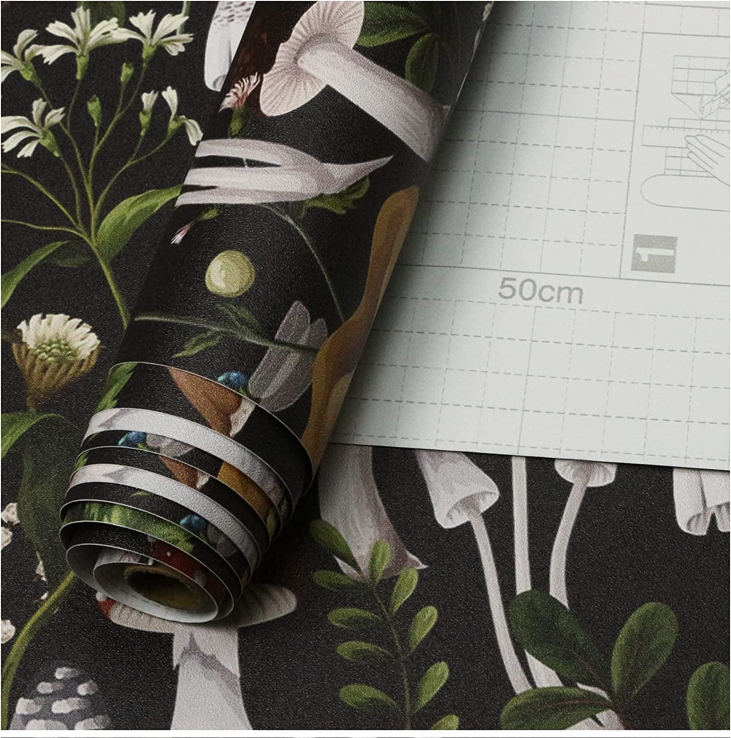 HAOKHOME 93279 Peel and Stick Wallpaper Boho Mushroom Removable Stick on Forest Contact Paper for Bathroom Black/Brown/Green 17.7In X 9.8Ft