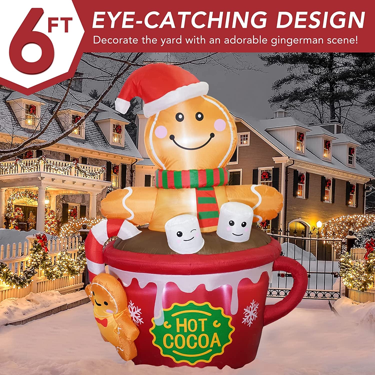 6 FT Christmas Inflatables Outdoor Decorations, Cute Christmas Blow up Yard Decorations Gingerbread Man in Hot Cocoa Mug Scene for Garden Lawn Xmas Decor