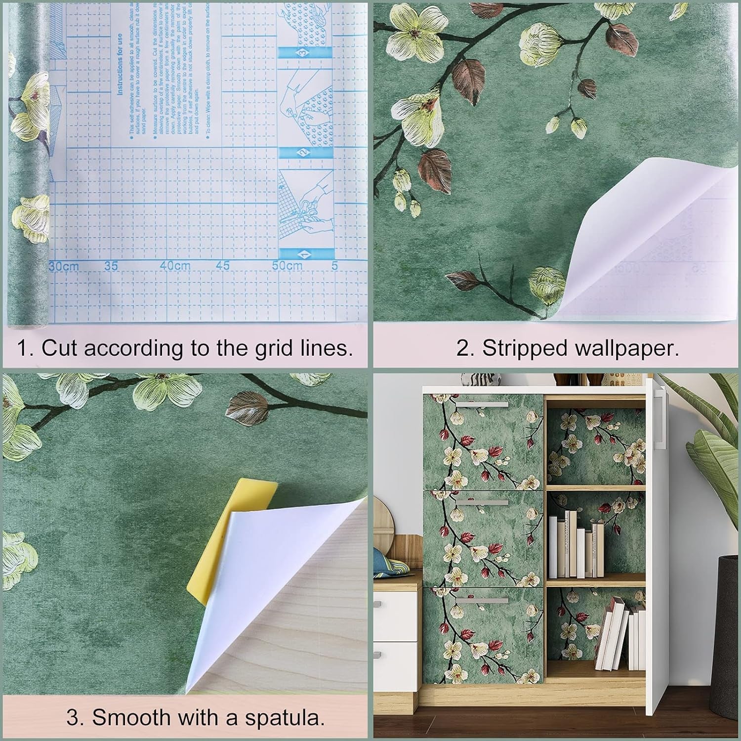 Flower Tree Wallpaper Peel and Stick Wallpaper Self Adhesive Removable Paper Wall Covering Shelf Drawer Liner Vinyl Roll 17.7" X 118", Green