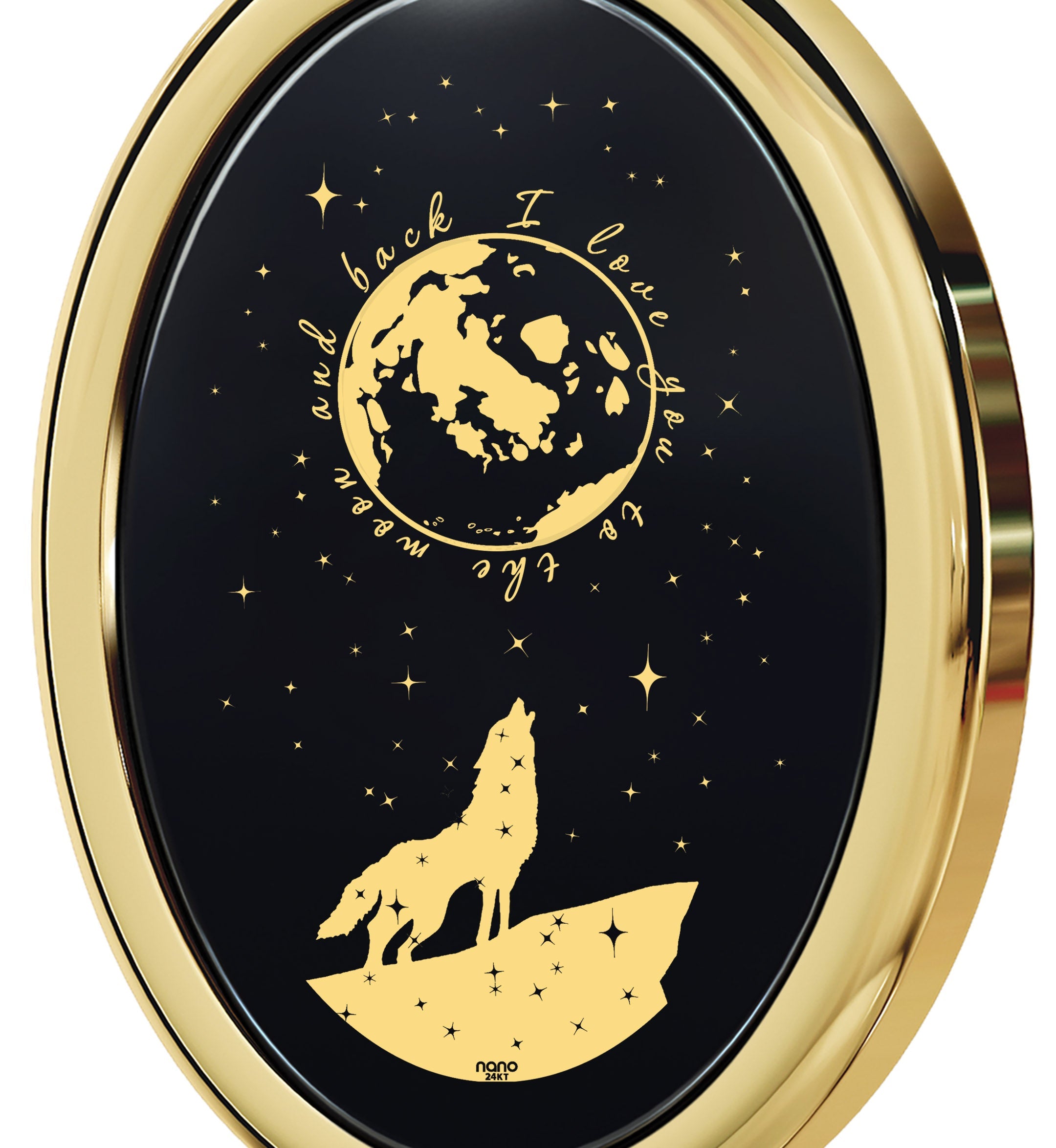 Silver locket pendant with a black and gold design featuring a howling wolf under a starry sky with the word "luck" and a small tag reading I Love You to the Moon and Back Necklace 24k Gold Inscribed on Onyx