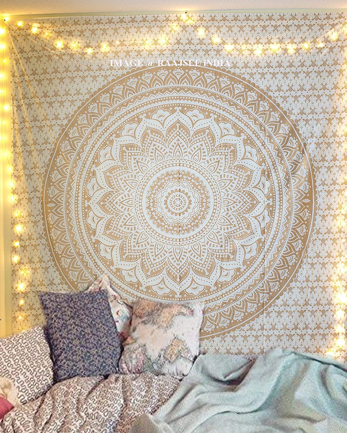 Top Selling Original Gold Mandala Ombre Tapestry Wall Hanging, Boho Bohemian Hippie Tapestries/Indian Cotton Dorm Decor Golden Twin Bedspread/Meditation Yoga Mat Rug 52X60 Inches