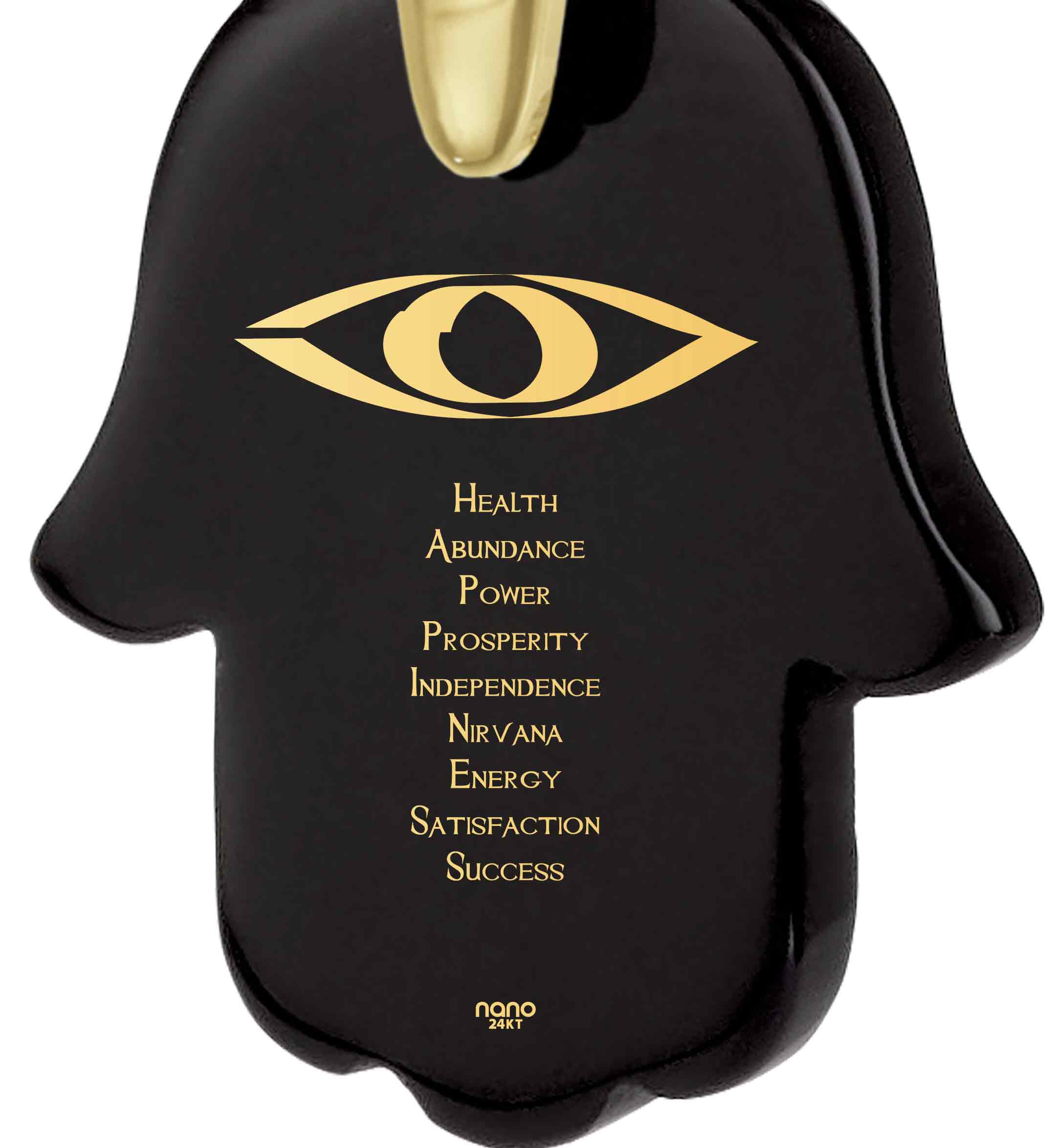 Hamsa Necklace Happiness Acronym Charm Pendant 24k Gold Inscribed featuring a black hamsa charm with an eye symbol, accompanied by three silver tags engraved with words and symbols, against a white background.