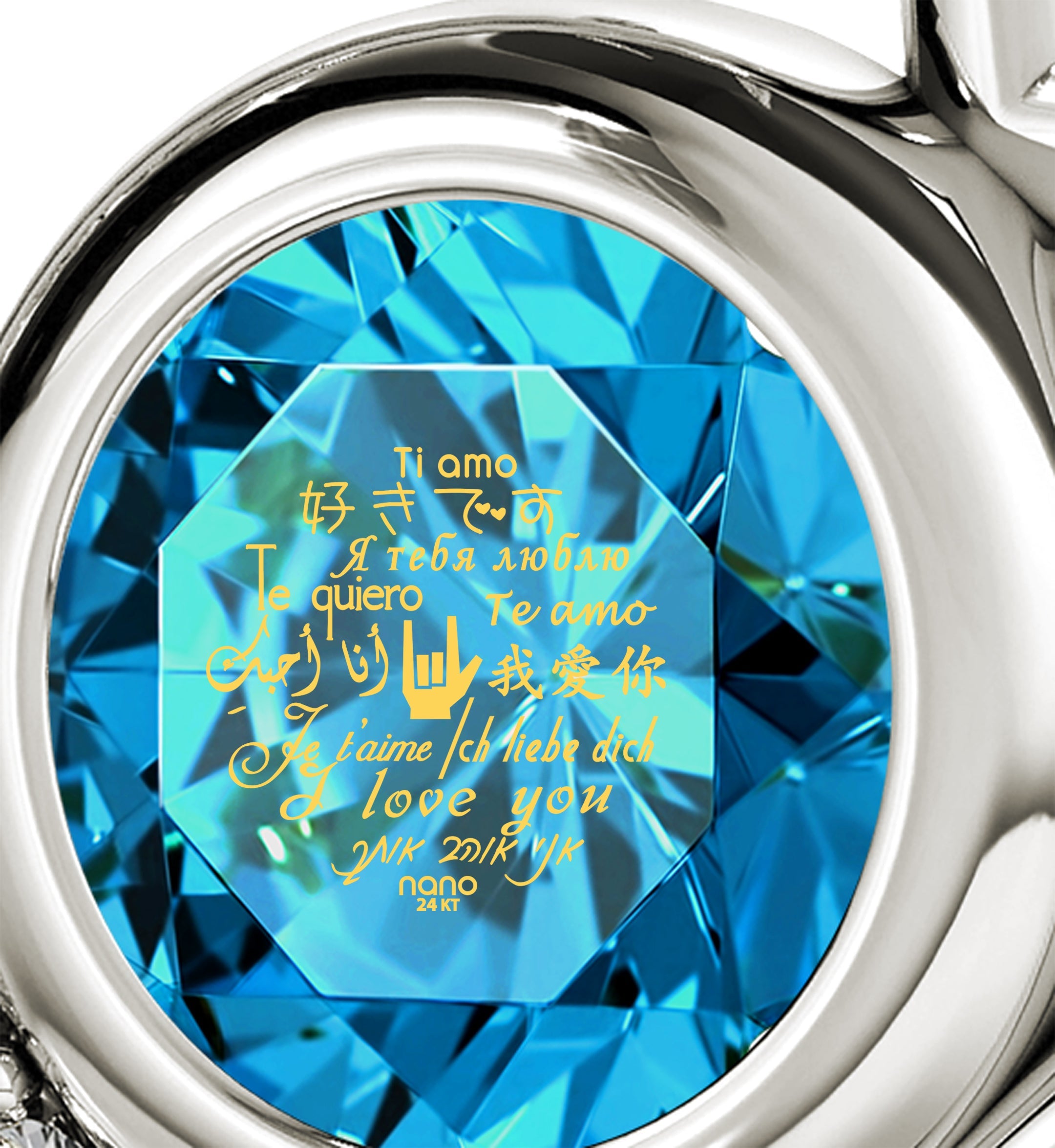 Close-up of a 925 Sterling Silver I Love You Heart Pendant Necklace with a blue gemstone inscribed with "i love you" in multiple languages, perfect as an anniversary gift.