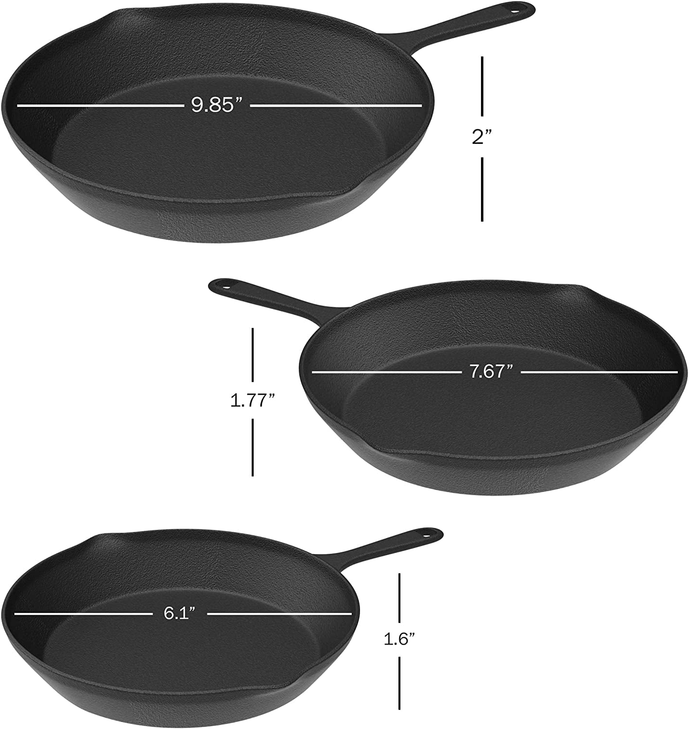 Home-Complete Frying Pans - Set of 3 Pre-Seasoned Cast Iron Skillets with 10-Inch, 8-Inch, and 6-Inch Sizes - Nonstick Camping Cookware (Black)