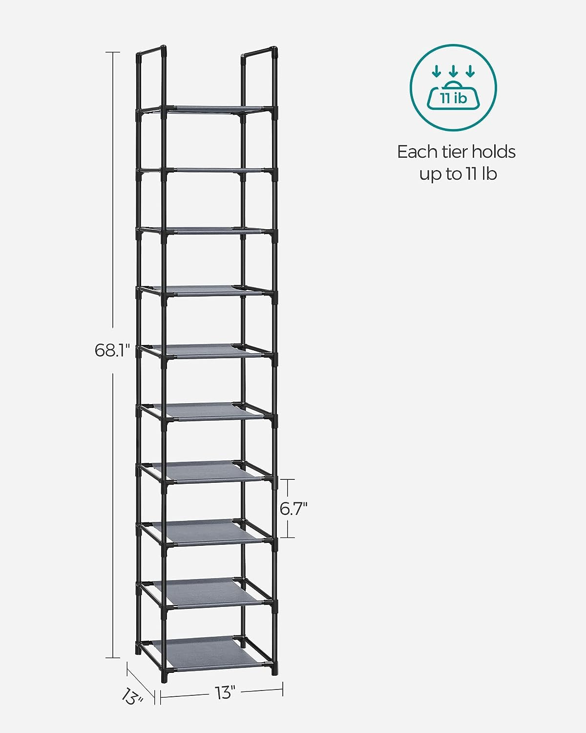 Shoe Rack, 10 Tier Shoe Shelf, Shoe Storage Organizer, Space-Saving, 13 X 13 X 68.1 Inches, Metal Frame, Non-Woven Fabric Shelves, for Entryway, Bedroom, Grey ULSR110G01