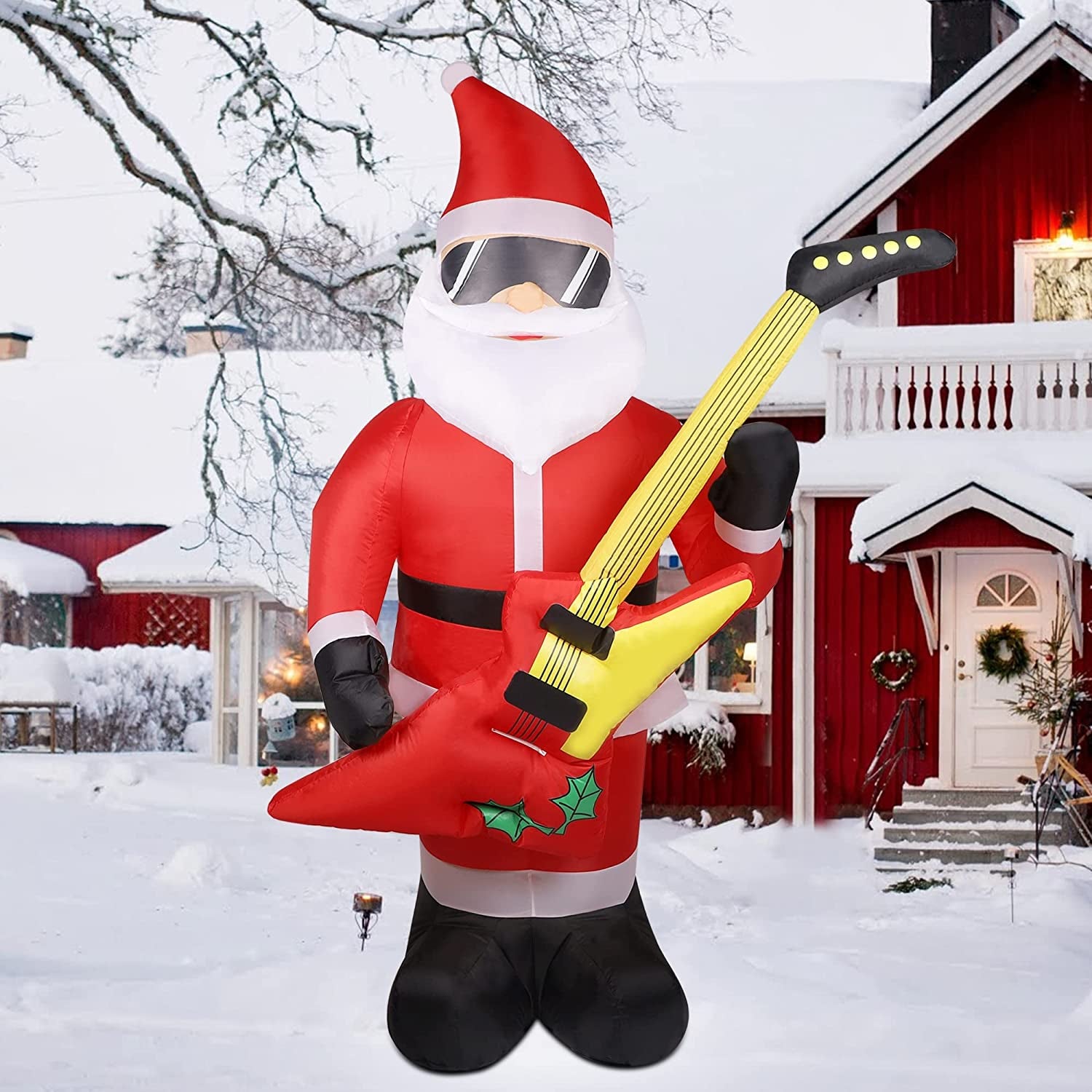 7 FT Christmas Inflatable Santa Claus with Bass Guitar, Blow up Santa Wearing Sunglasses, Unique Lighted Xmas Decorations for Indoor Outdoor Yard Garden Lawn Holiday Party Decor