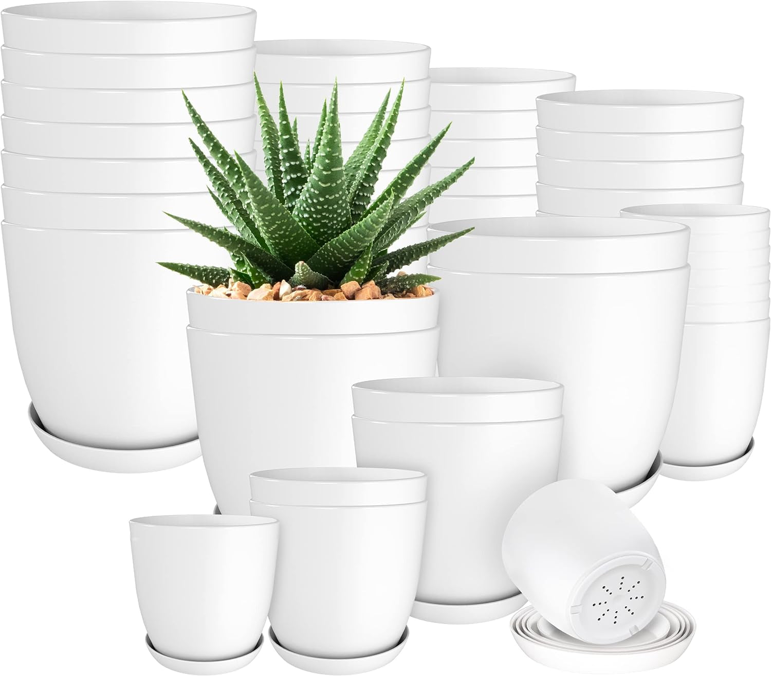 - Plant Pots Indoor with Drainage - 7/6.6/6/5.3/4.8 Inches Home Decor Flower Pots for Indoor Planter - Pack of 5 Plastic Planters for Indoor Plants, Cactus, Succulents Pot - White