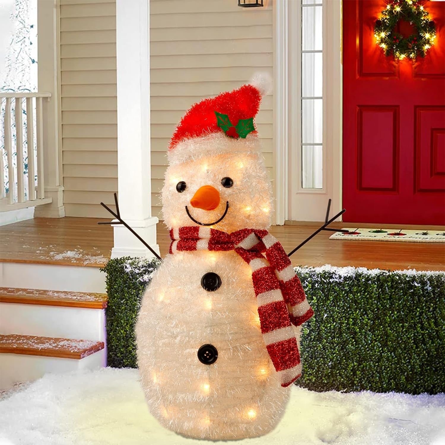 22 Inch Lighted Christmas Tinsel Snowman Decorations, Pre-Lit Light up with 25 Count Clear Incandescent Lights, Indoor or Outdoor Garden Yard Lawn Festive Holiday Decoration