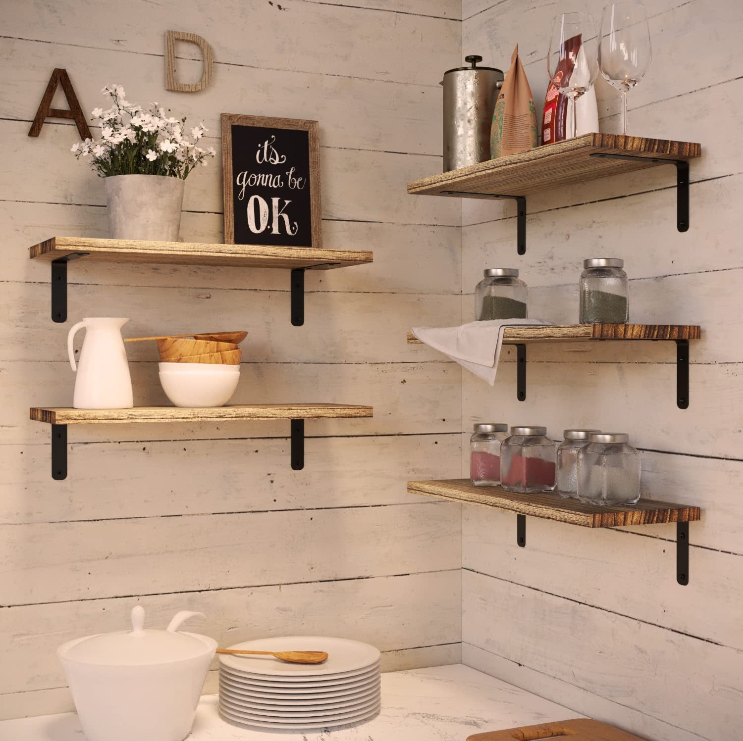 Rustic Wood Shelves Set of 5, Farmhouse Style Floating Shelf for Wall Décor, Hanging Shelves Forbathroom, Bedroom, Storage, Kitchen, Living Room - Carbonized Black