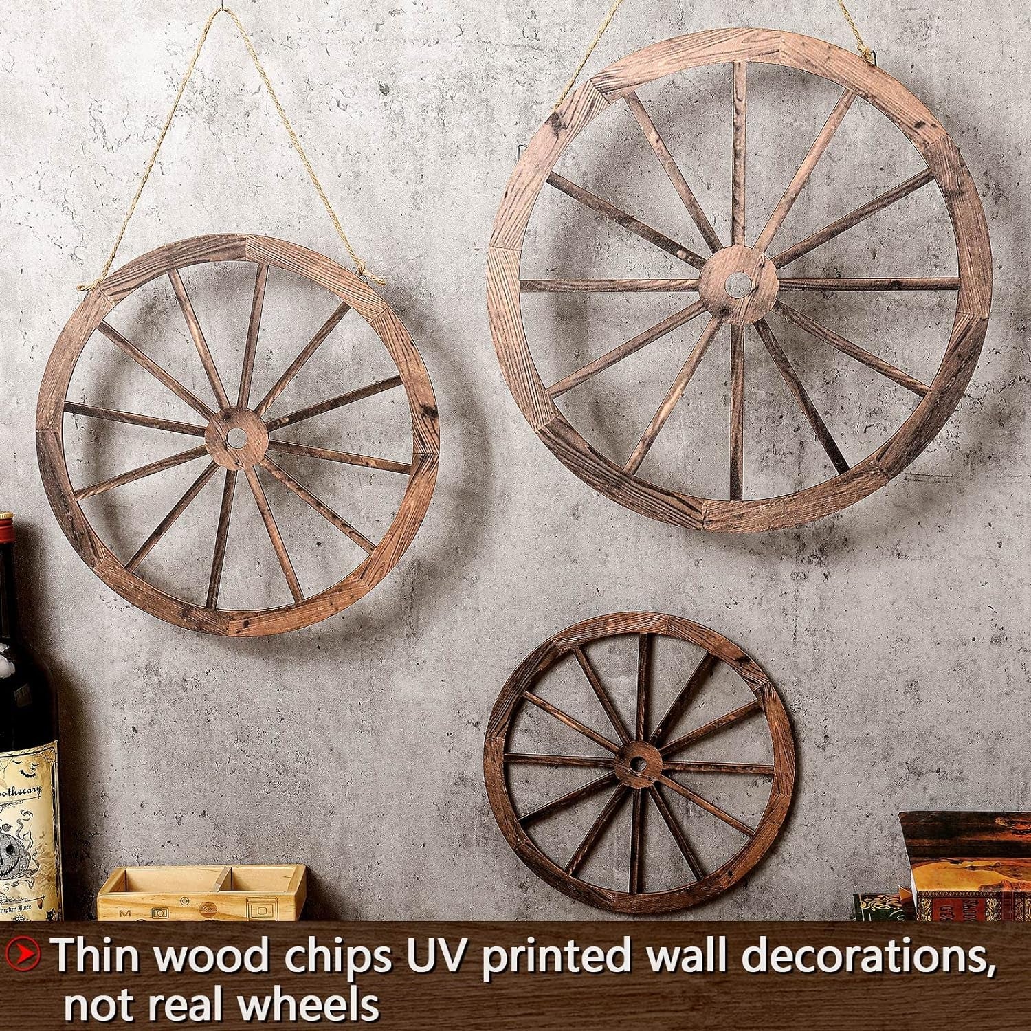 3 Pcs Wooden Wagon Wheel Decor 12/10/8 Inch Old Western Western Wall Decor Farmhouse Wagon Wheels Rustic Yard Wall Art Decor Hanging Decorative Wheels for Garden Home Bar Garage (Dark Brown)