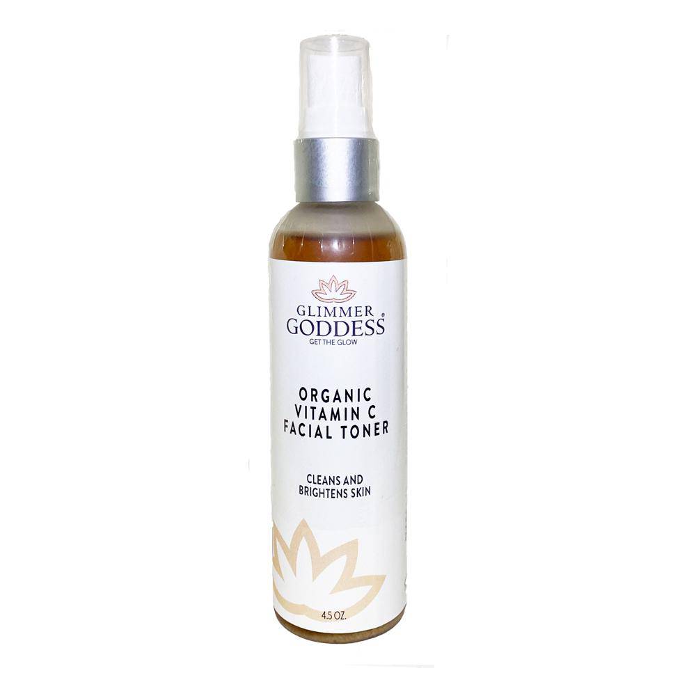 A bottle of Organic Vitamin C Facial Toner & Natural Astringent with a spray nozzle, infused with Kakadu Plum, labeled for skin cleansing and brightening, 45ml.