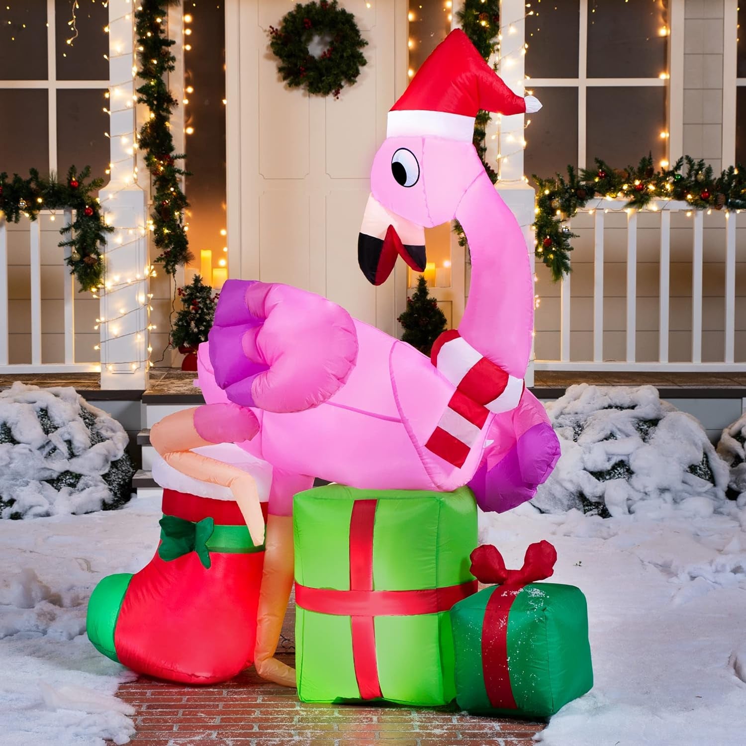 6 Ft Christmas Inflatable Flamingo on Ornament Decorations, Blow up Inflatables with Build-In Leds for Christmas Party Indoor, Outdoor, Yard, Garden, Lawn Décor, Holiday Season