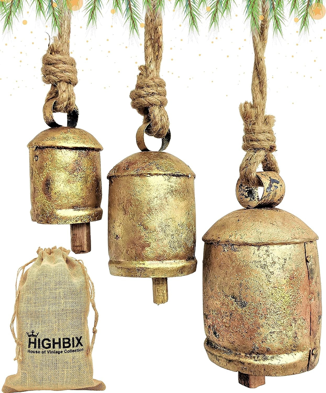 Set of 3 Harmony Cow Bells Vintage Handmade Rustic Lucky Christmas Hanging Bells on Rope