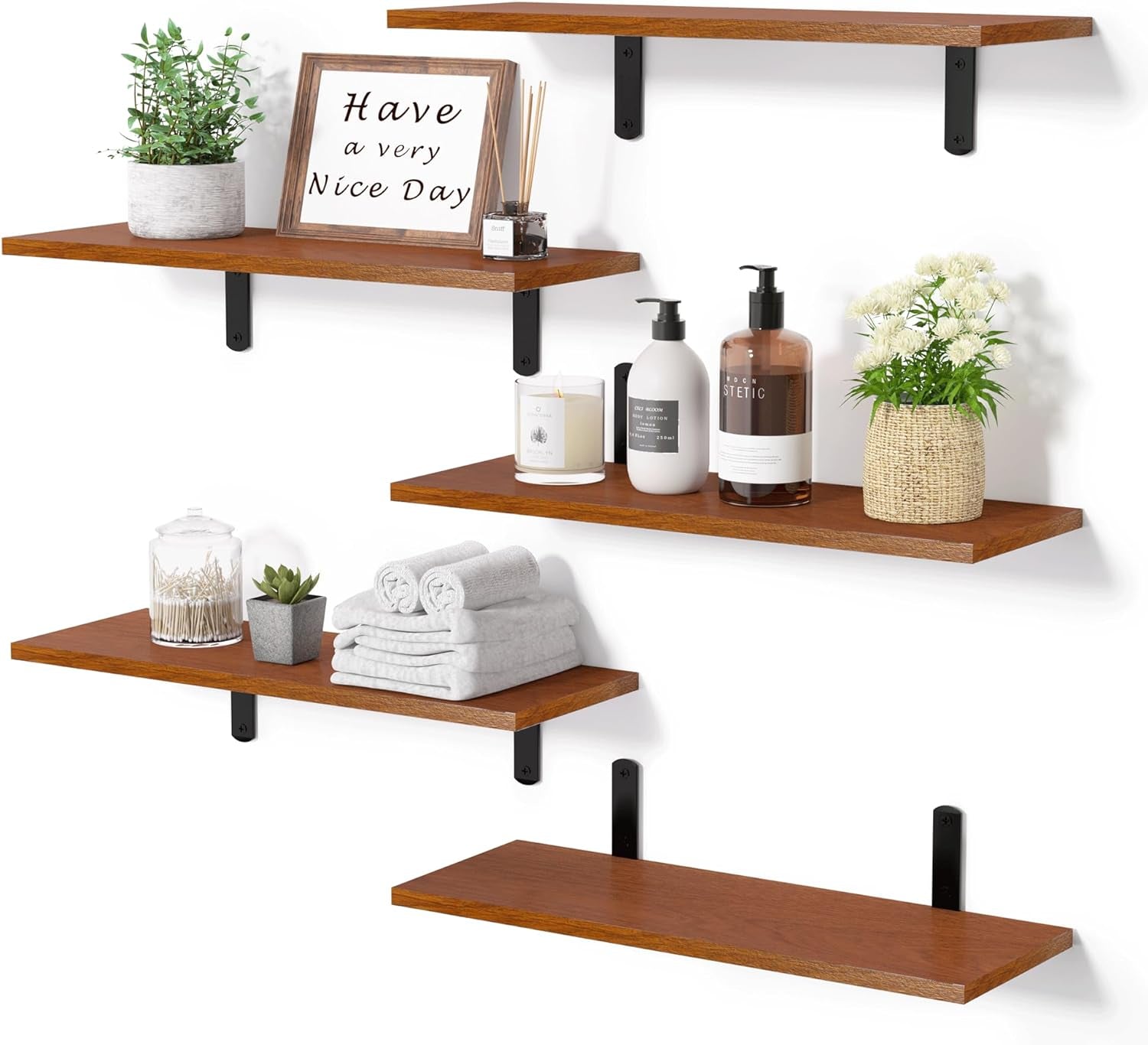 Floating Shelves for Wall Decor Storage, Dark Brown Wall Mounted Shelves Set of 5, Sturdy Small Wood Shelves Hanging for Bedroom, Living Room, Bathroom, Kitchen, Corner, Book