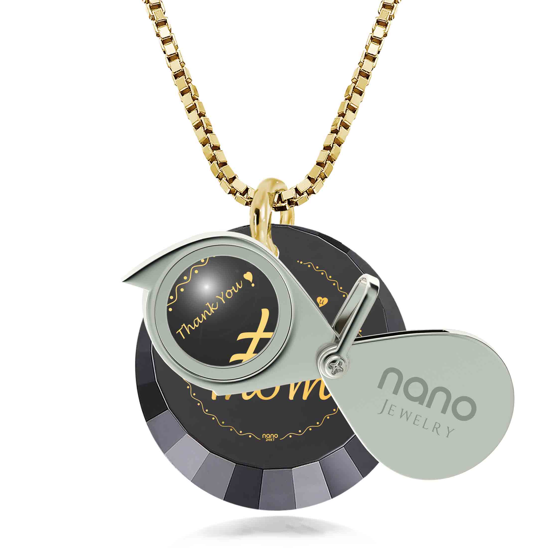Round pendant with "Number One Mom" in gold script on a black background, encircled by a golden dotted line and decorative hearts, making it a unique gift.