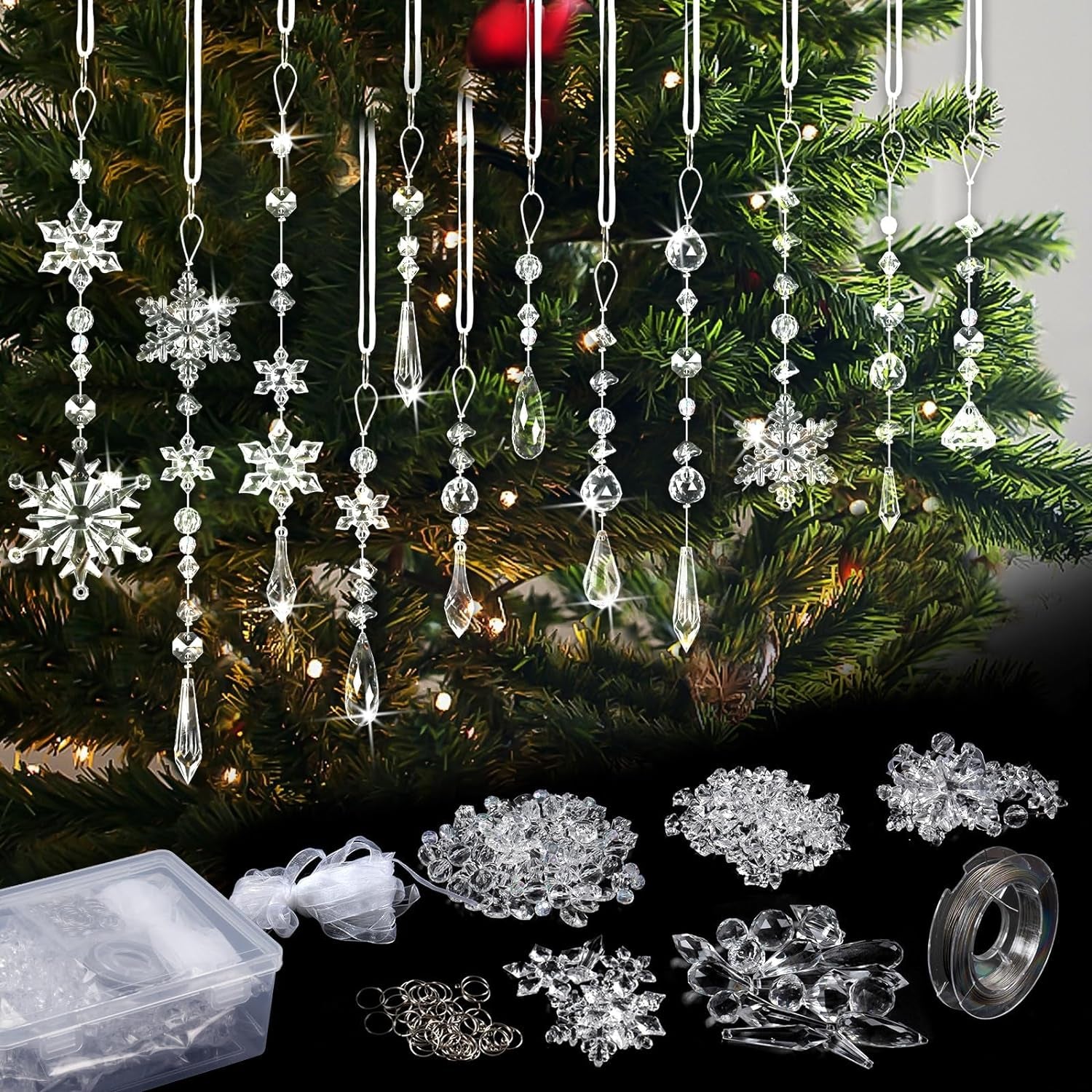 18Pcs Christmas Tree Decoration Crystal Ornaments - Hanging Acrylic Christmas Snowflake Icicle Drop Crystal Ornaments for Christmas Tree Winter New Year Party Supplies