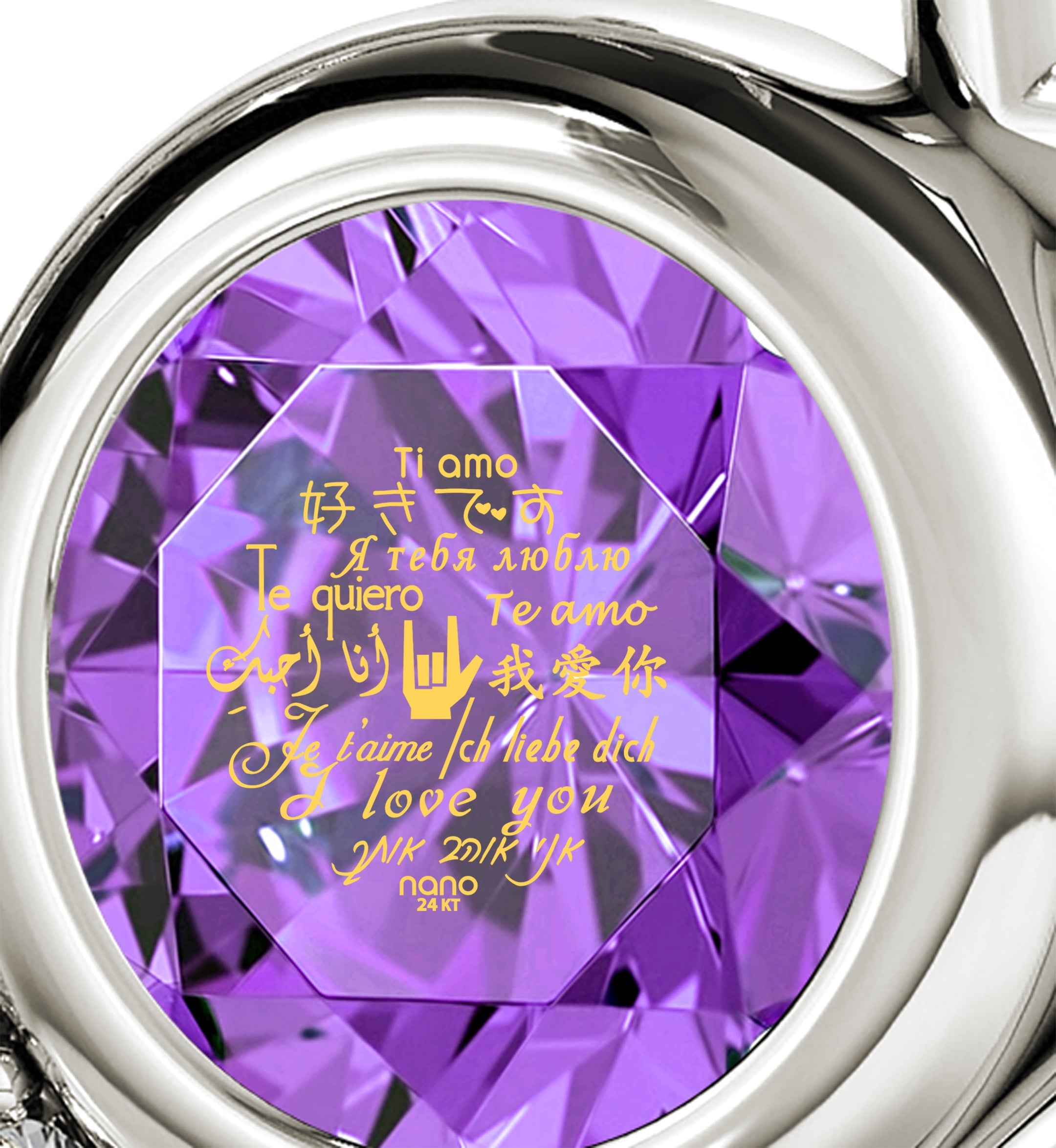 A close-up of a purple Swarovski crystal in a 925 Sterling Silver I Love You Heart Pendant Necklace Set 24k Gold Inscribed in 12 Languages.