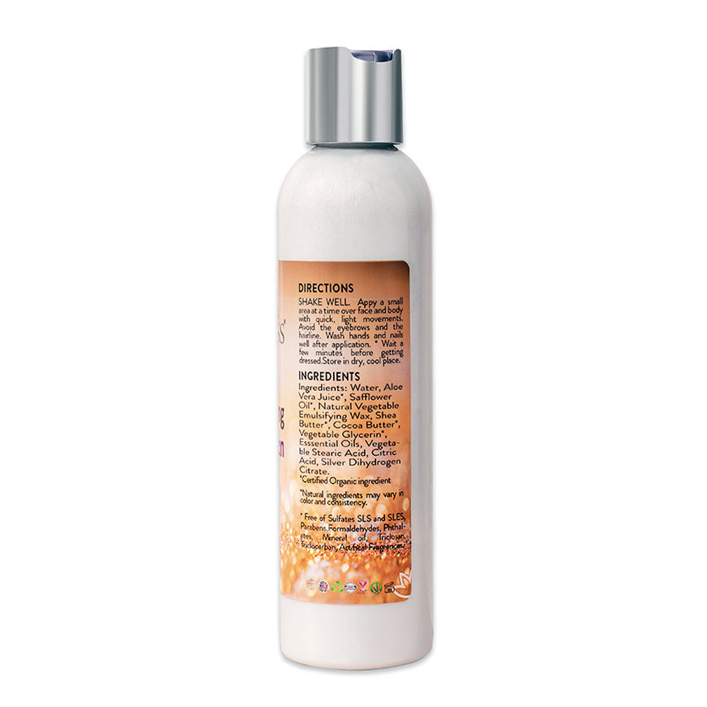 A bottle of Organic Diamond Shimmer Body Lotion with a metallic cap on a white background.