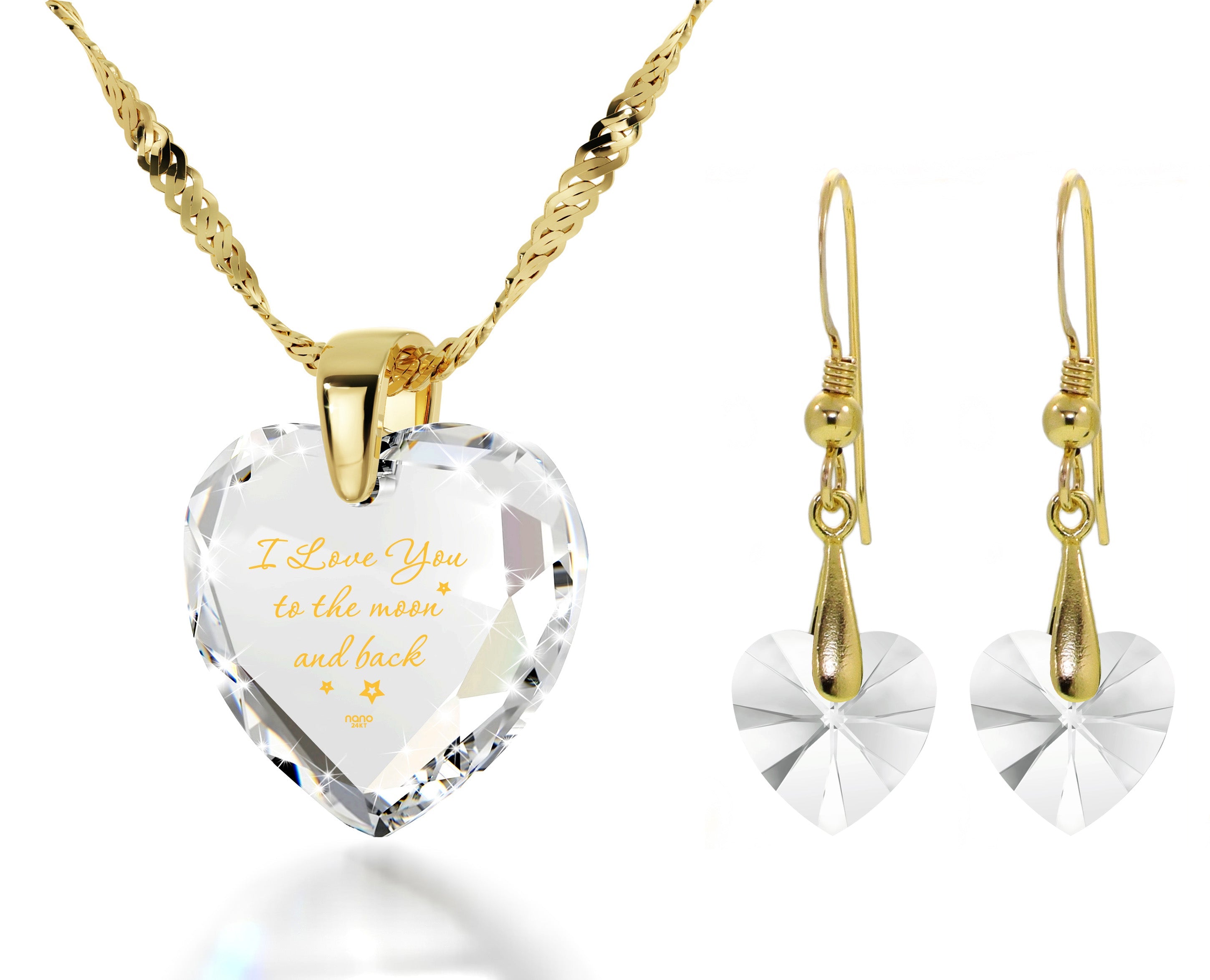 Heart-shaped pendant with the inscription "I Love You to the Moon and Back Necklace 24k Gold Inscribed" in gold script, set against a sparkling cubic zirconia background.