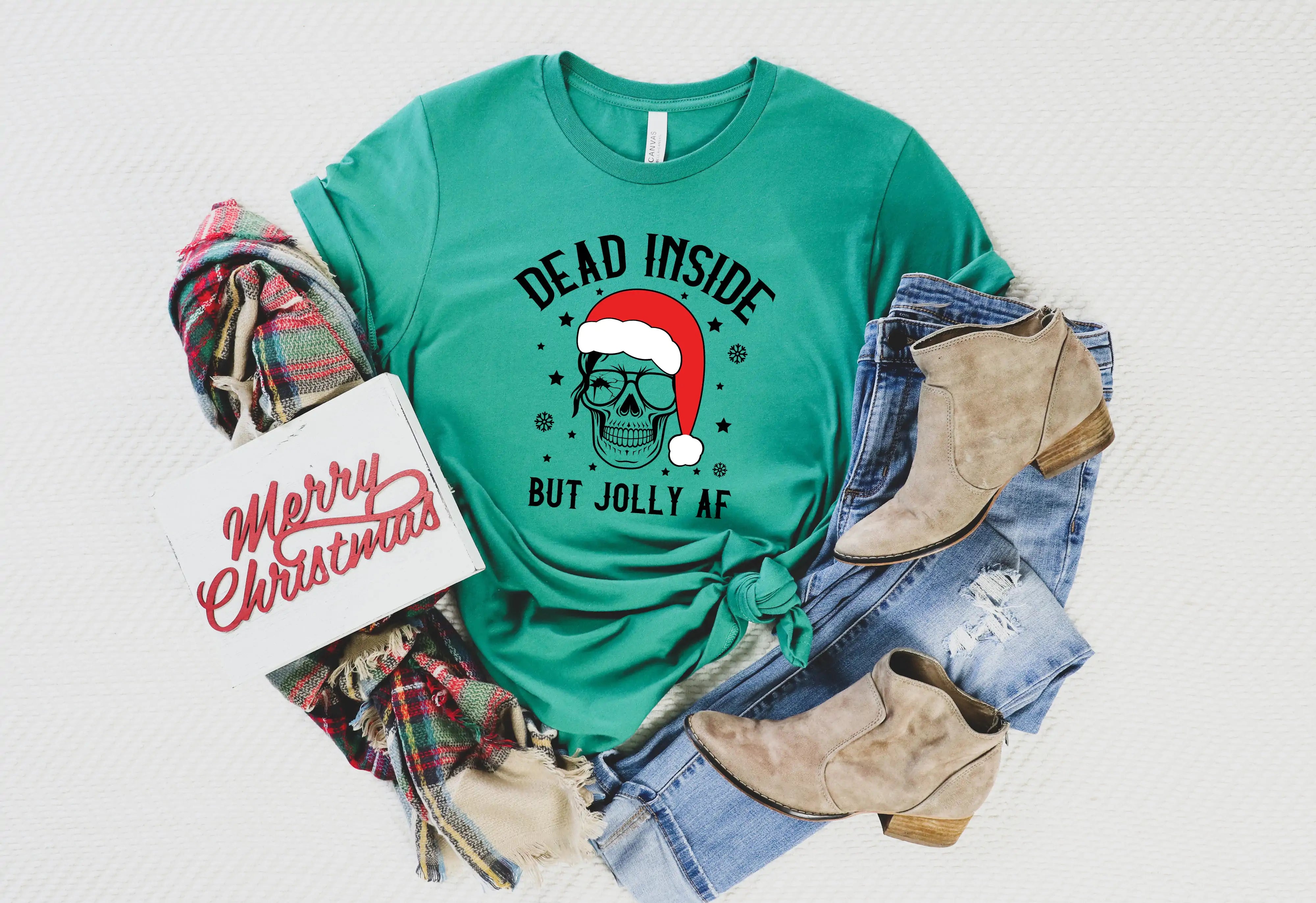 A festive Dead Inside But Jolly AF Christmas Skeleton Shirt with holiday decorations and casual attire, available in unisex sizes.