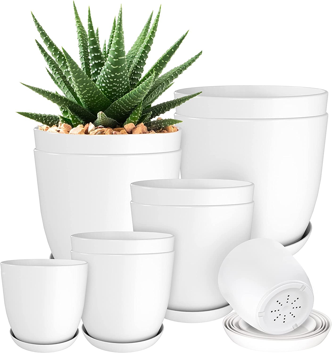 - Plant Pots Indoor with Drainage - 7/6.6/6/5.3/4.8 Inches Home Decor Flower Pots for Indoor Planter - Pack of 5 Plastic Planters for Indoor Plants, Cactus, Succulents Pot - White