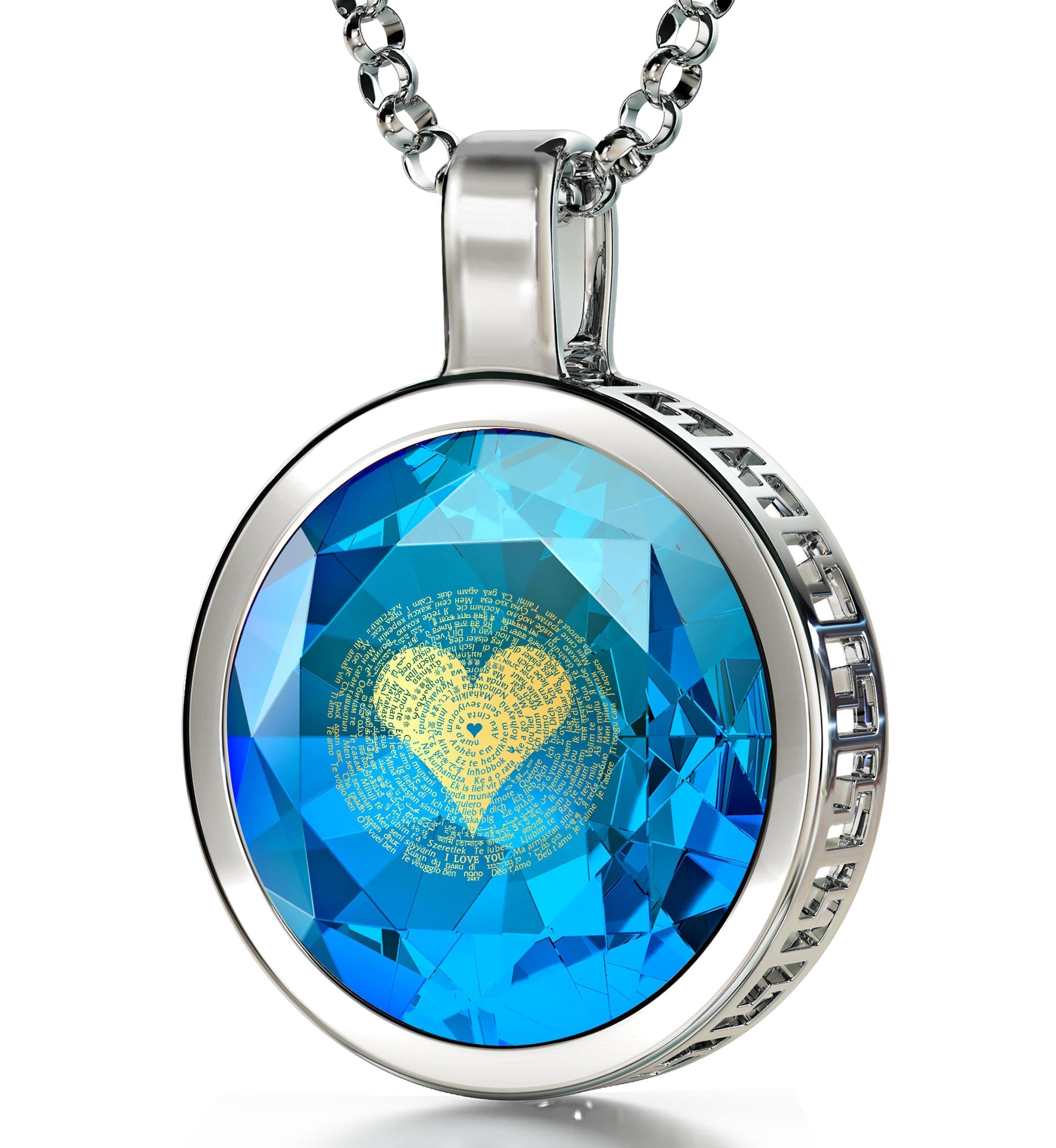 Close-up of a pin with a multifaceted 925 Sterling Silver I Love You Necklace 24k Gold Inscribed 120 Languages pendant design featuring a central heart made of word art within a circular frame.
