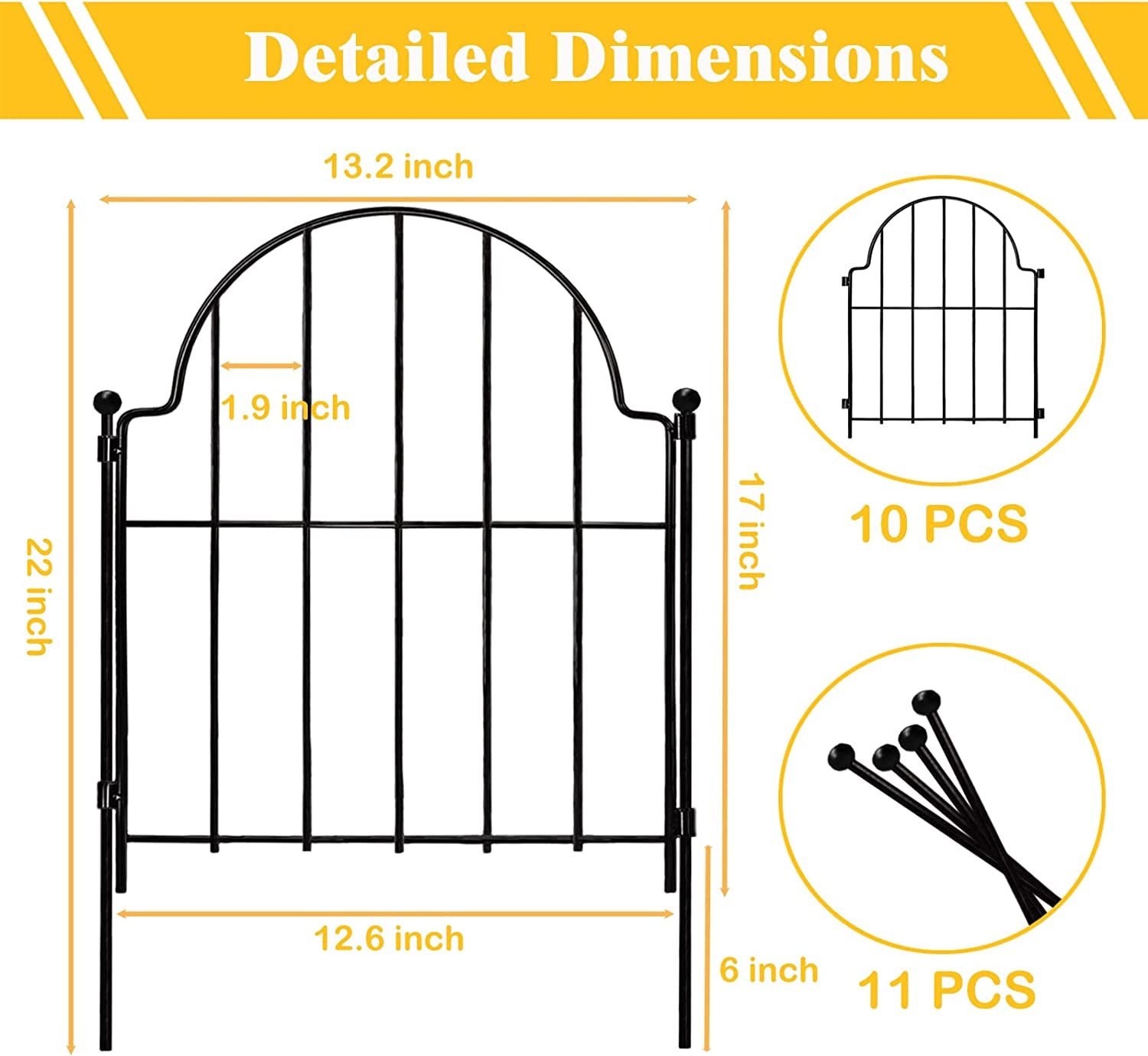 Garden Fence, 22 In(H) X 130 In(L) Arched Rustproof Metal No Dig Fence Border, Ground Stake Animal Barrier for Rabbit Dog, Outdoor Landscape Decor Yard & Patio,10 Pack