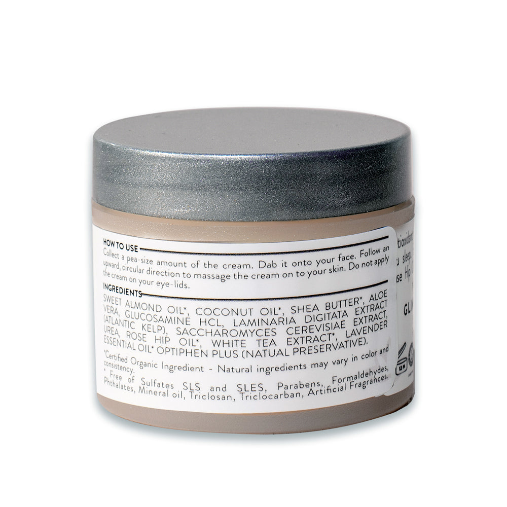 Jar of Organic Skin Renewal Night Face Cream - Hydrates & Lifts with algae extract, displayed against a white background.