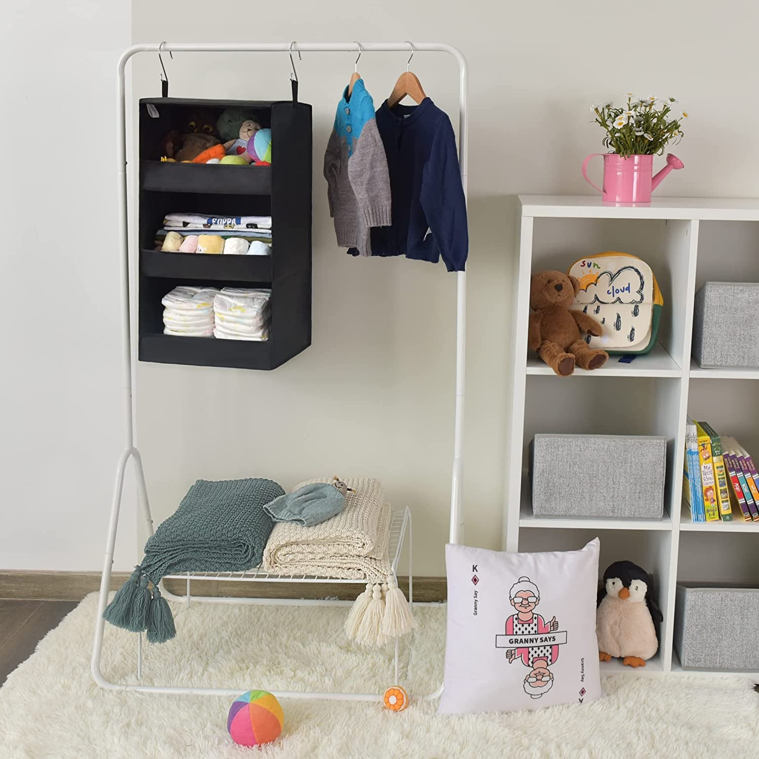 3-Shelf Hanging Closet Organizer, Collapsible Closet Hanging Shelves, Nursery Hanging Organizer, Black, 29 ¾" H X 12" W X 12" D, 1-Pack