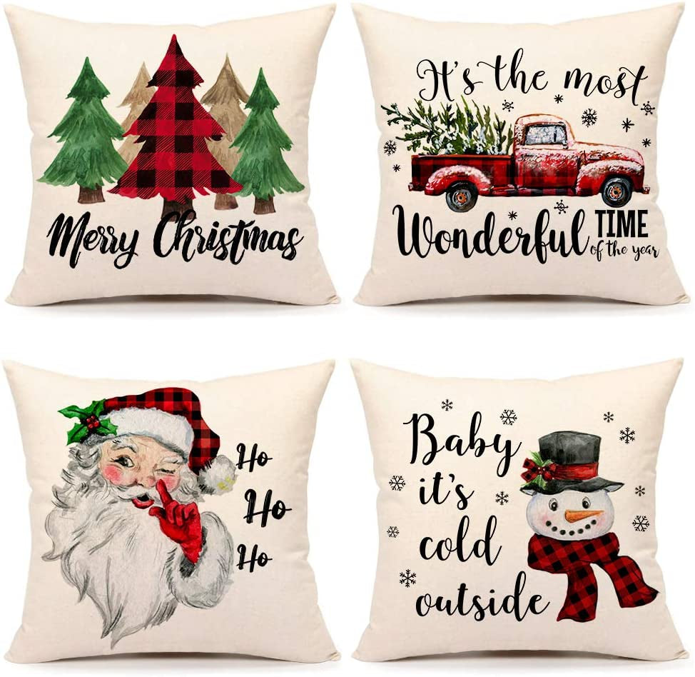 Christmas Pillow Covers 18X18 Set of 4 Farmhouse Christmas Decor Red Black Buffalo Plaids Winter Holiday Decorations Throw Cushion Case for Home Couch