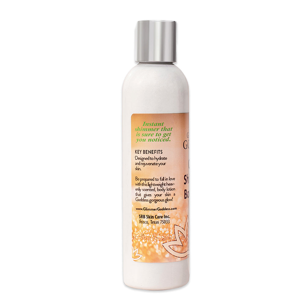 A bottle of Organic Diamond Shimmer Body Lotion with a metallic cap on a white background.