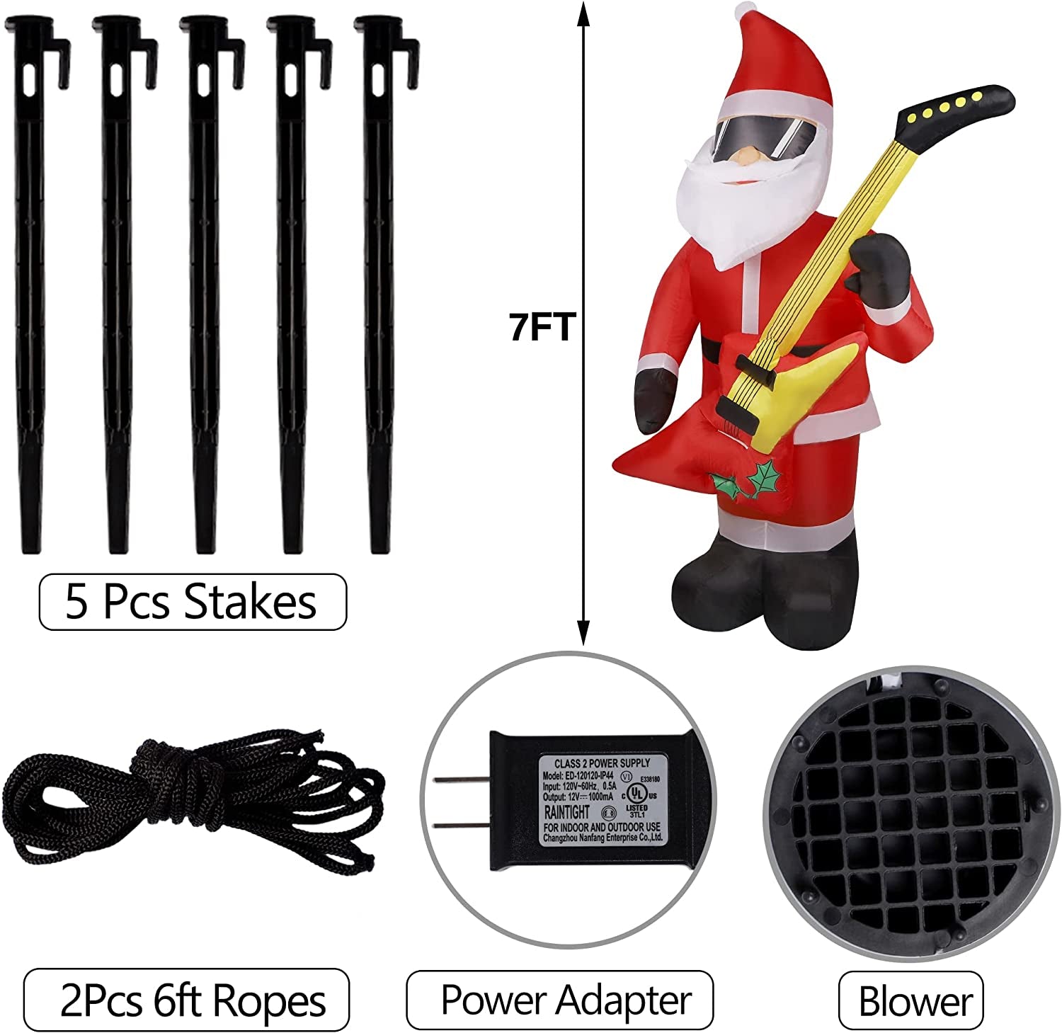7 FT Christmas Inflatable Santa Claus with Bass Guitar, Blow up Santa Wearing Sunglasses, Unique Lighted Xmas Decorations for Indoor Outdoor Yard Garden Lawn Holiday Party Decor