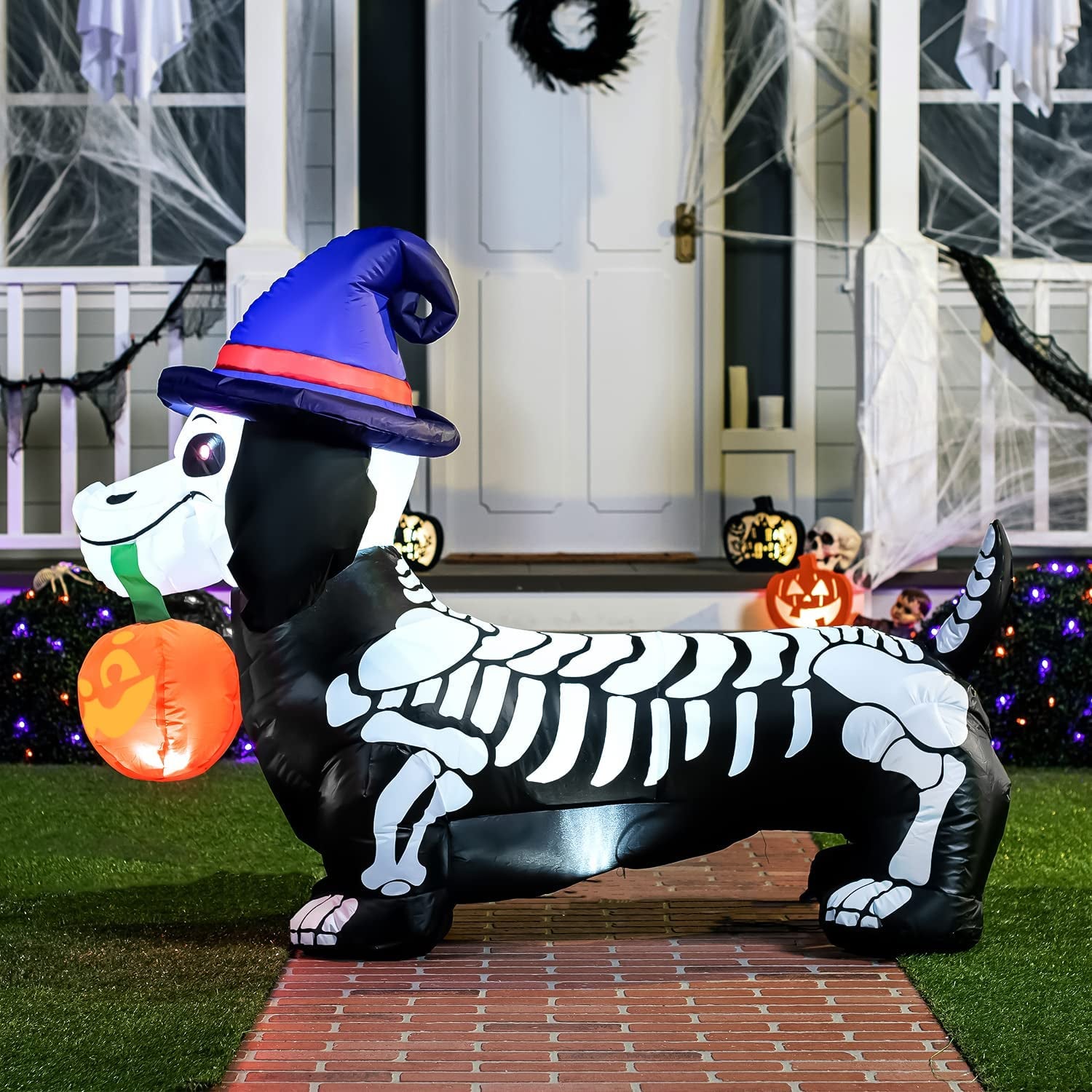 Joiedomi 5 FT Long Halloween Inflatable Skeleton Wiener Dog Inflatable Yard Decoration with Build-In Leds Blow up Inflatables Pumpkin for Halloween Party Indoor, Outdoor, Yard, Garden, Lawn Decoration