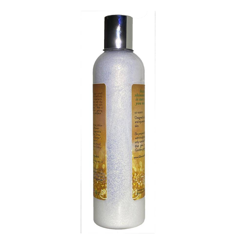 A bottle of Organic Gold Shimmer Body Lotion - Sparkle For All Skin Types to hydrate and add shimmer.