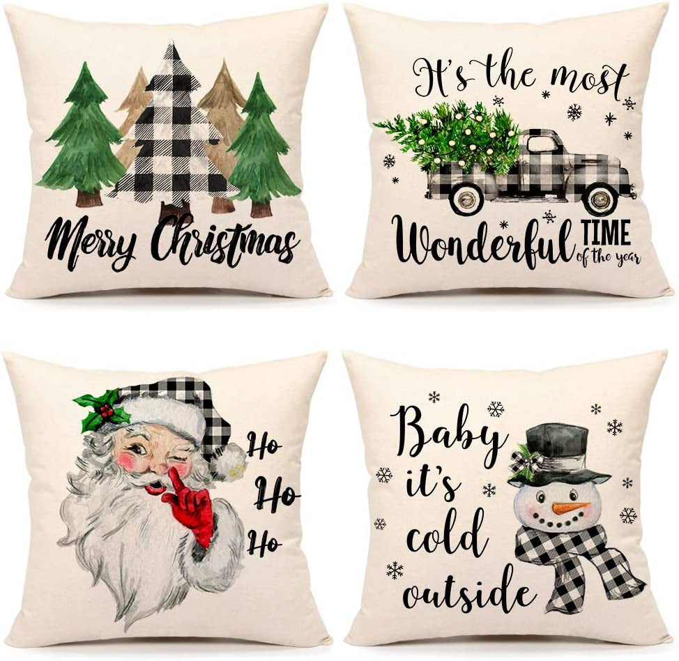 Christmas Pillow Covers 18X18 Set of 4 Farmhouse Christmas Decor Red Black Buffalo Plaids Winter Holiday Decorations Throw Cushion Case for Home Couch