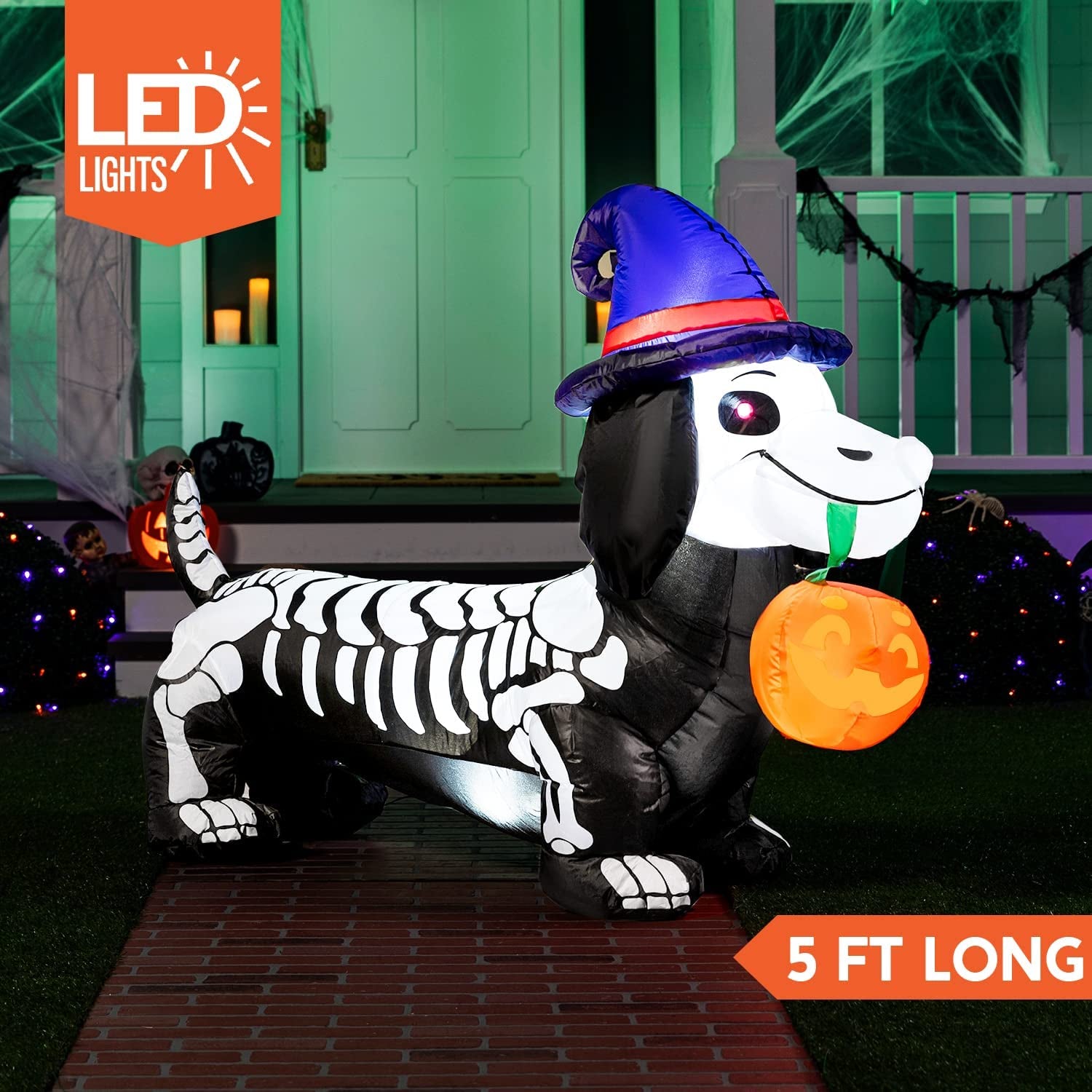 Joiedomi 5 FT Long Halloween Inflatable Skeleton Wiener Dog Inflatable Yard Decoration with Build-In Leds Blow up Inflatables Pumpkin for Halloween Party Indoor, Outdoor, Yard, Garden, Lawn Decoration